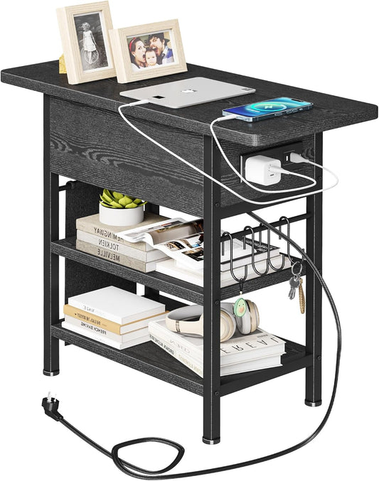 End Table with Charging Station, Flip Top Nightstand with USB Ports and Outlets,Couch Side Table with Fabric Bag and Hooks, Bedside Table for Space Saving, Living Room, Bedroom (Black)