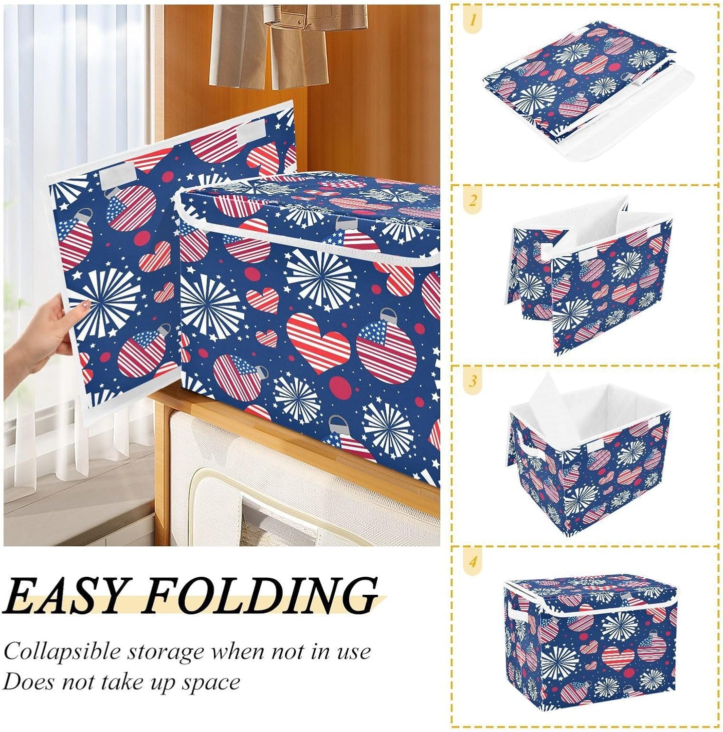 susiyo Happy New Year American fabric storage baskets with lids,Collapsible Storage Boxes,Foldable storage boxes with handles for Home,Office,Closet Organization