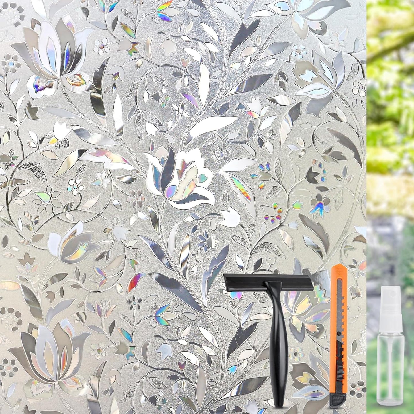 HIDBEA Window Privacy Film, 3D Stained Glass Static Cling - Sun Blocking Anti-UV Heat Control, Reusable Decorative Film for Home/Office Doors, Rainbow Tulip Design (23.6 in x 78.7 in)