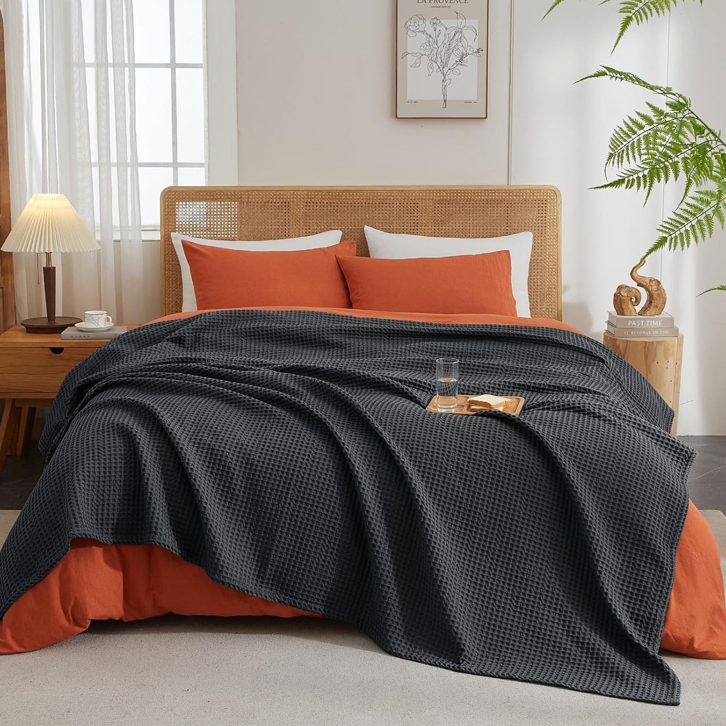PHF Ultra Soft Waffle Weave Blanket Twin Size 66"x 90"- Washed Lightweight Breathablee Cozy Woven Blanket - Great for Couch Bed Sofa Home Car - Black