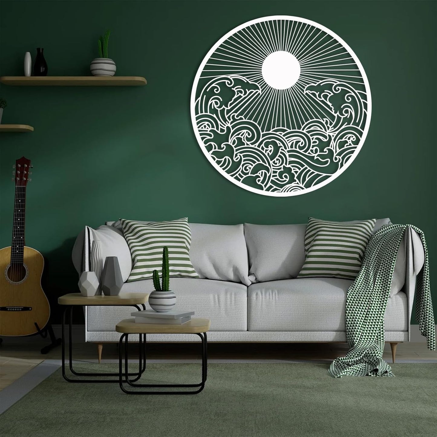 flyoak Metal Sun Wall Decor Outdoor, Sunrise Metal Wall Art, Metal Wave Wall Art, Sunrise and Wave Wall Decor, Sunburst Wall Art, Sunset Wall Art, Wall Hangings for Bedroom (White, 19x19in|47x47cm)