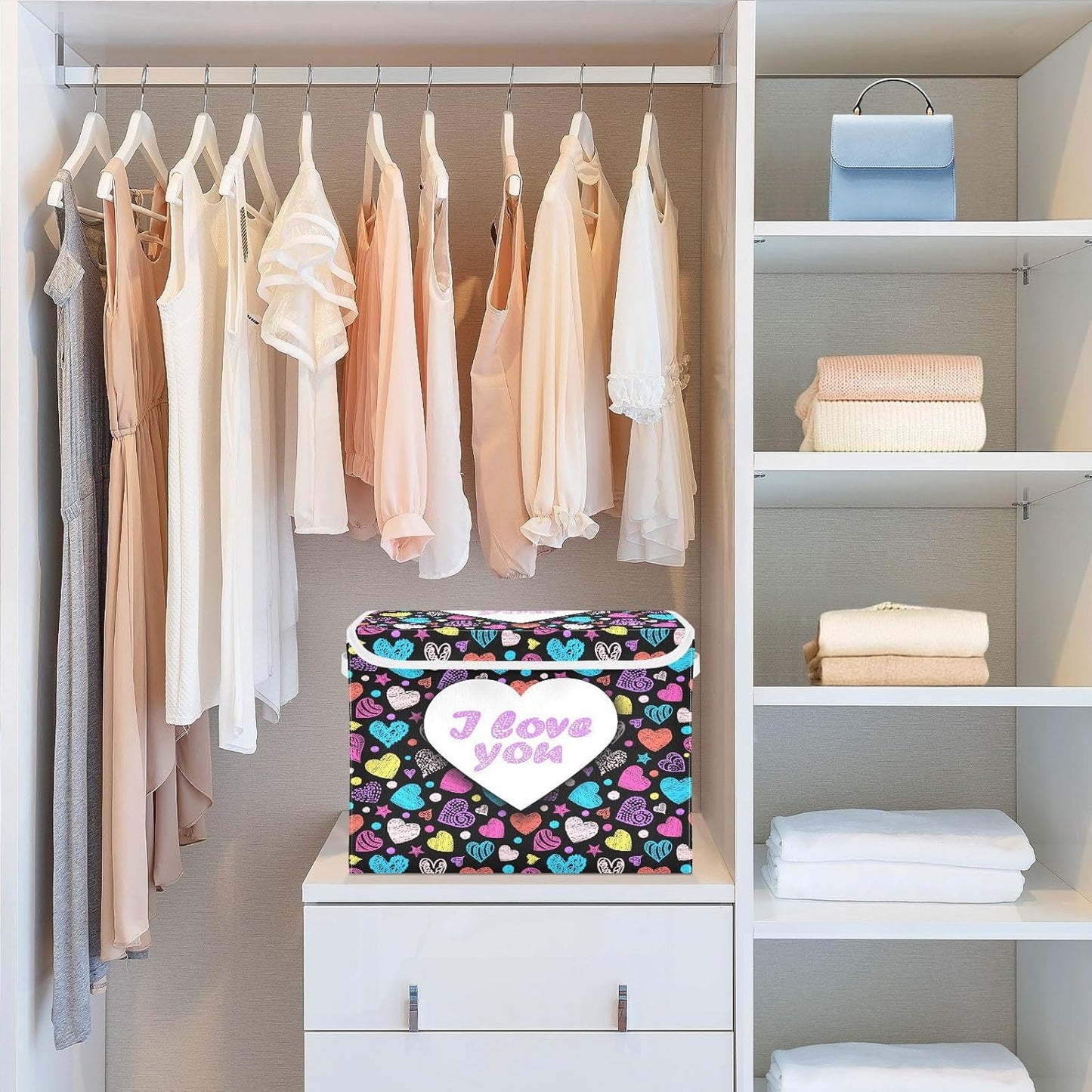 susiyo Colorful Valentines Heart Dark fabric storage baskets with lids,Collapsible Storage Boxes,Foldable storage boxes with handles for Home,Office,Closet Organization