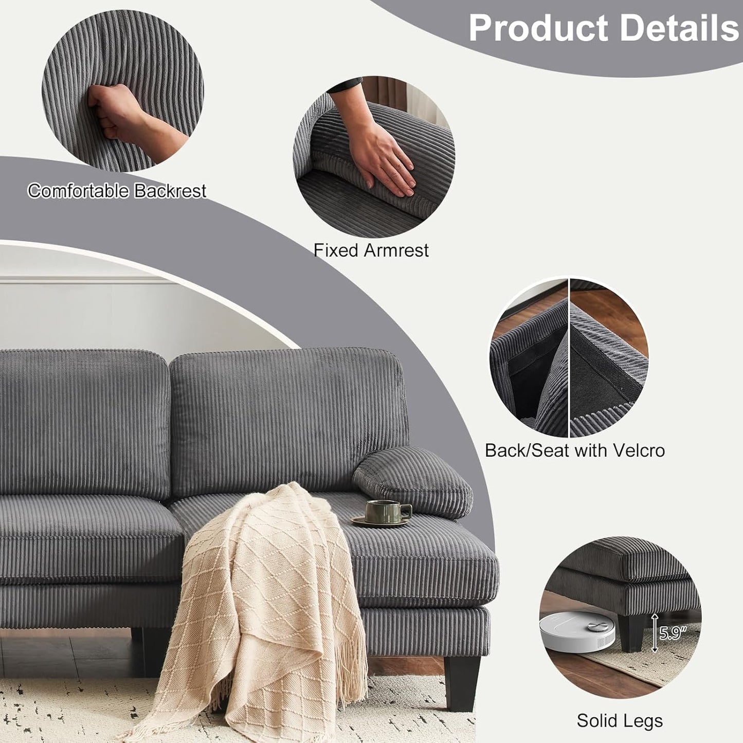 Karl home U-Shape Sectional Sofa Couch 111" Modern 4-Seat Sofa with Chaises Corduroy Fabric Upholstered Covertible Couch with Wood Grain Legs for Living Room, Reception Room, Apartment, Dark Gray