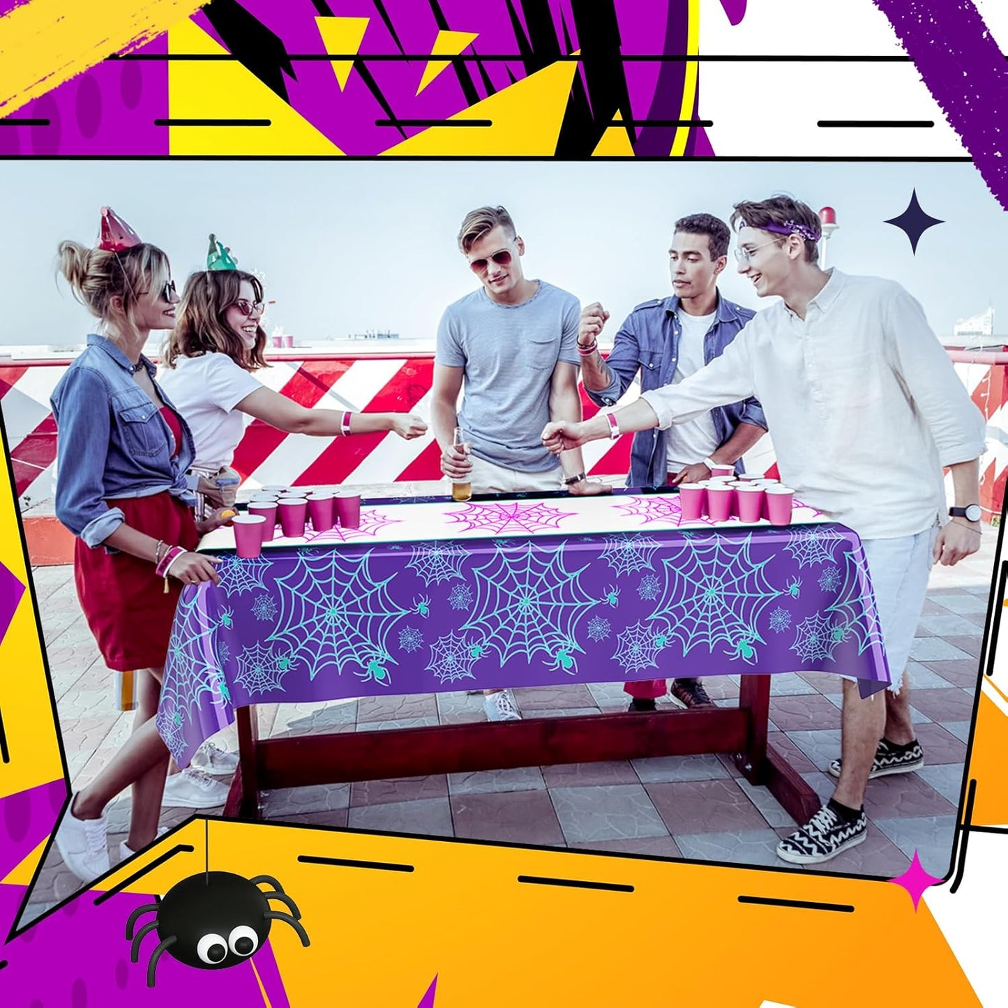 Oudain 3 Pack Spider Theme Birthday Decorations Halloween Purple Black Red Pink Green Web Ghost Bat Tablecloth Cartoon Table Cover Party Favor for Birthday (Purple,Spider)