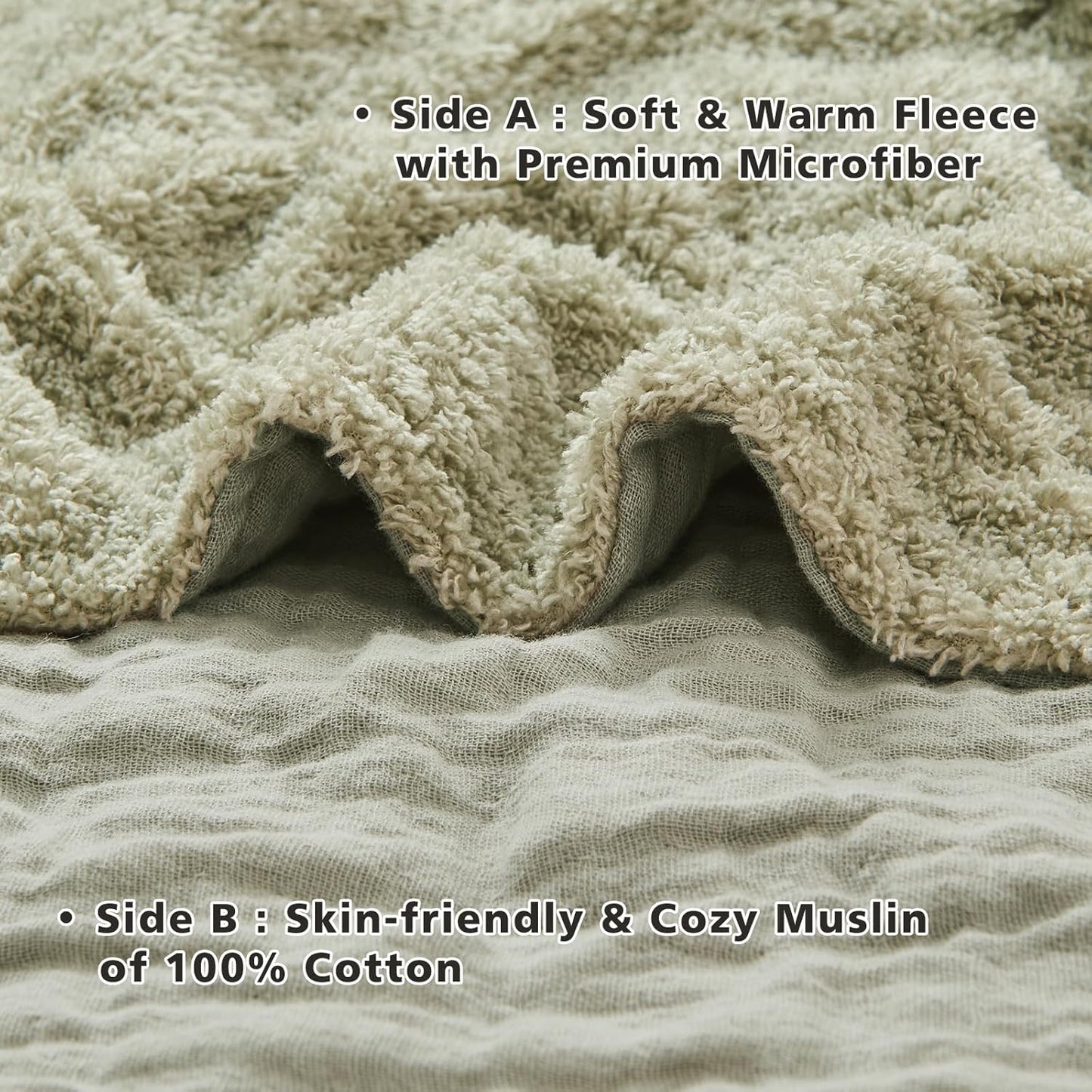 EMME Muslin and Fleece Queen Blanket Reversible - 80"*90" Sage Green Soft Warm Throw Blankets for Couch Bed Picnic Travel Bed