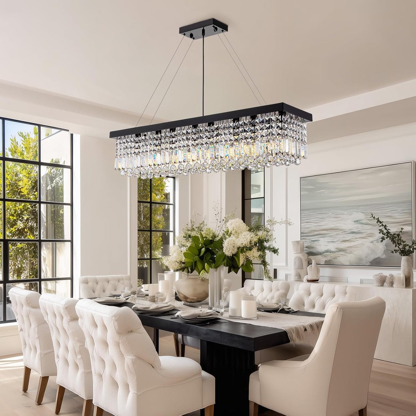 8 Light Modern Crystal Chandelier for Dining Room,Rectangular Rectangle Raindrop Crystal Light Fixture,Height Adjustable for Kitchen Island L40''xW10''xH10''