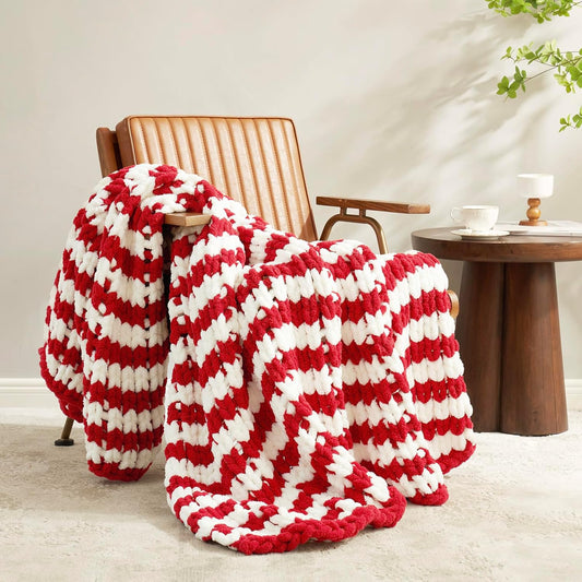 Amélie Home Chunky Knit Blanket Throw, Thick Soft Yarn Chunky Throw 50x60, Handmade Chenille Cable Knitted Crochet Throw Blanket, Warm Rope Knot Blanket for Couch Bed Sofa, Red White Stripe
