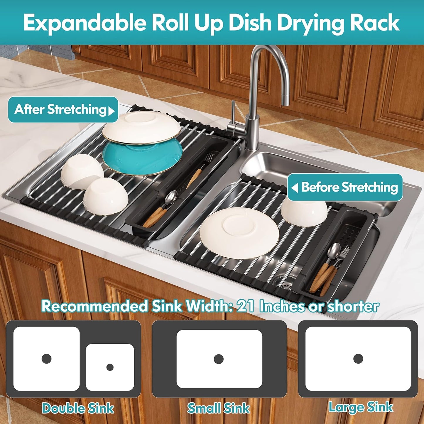 Roll Up Dish Drying Rack, Expandable (12.8"-23.8" D x 12.8" W) Stainless Steel Portable Over The Sink Dish Drainer for Kitchen Sink Counter, Foldable Sink Cover with Removable Utensil Holder