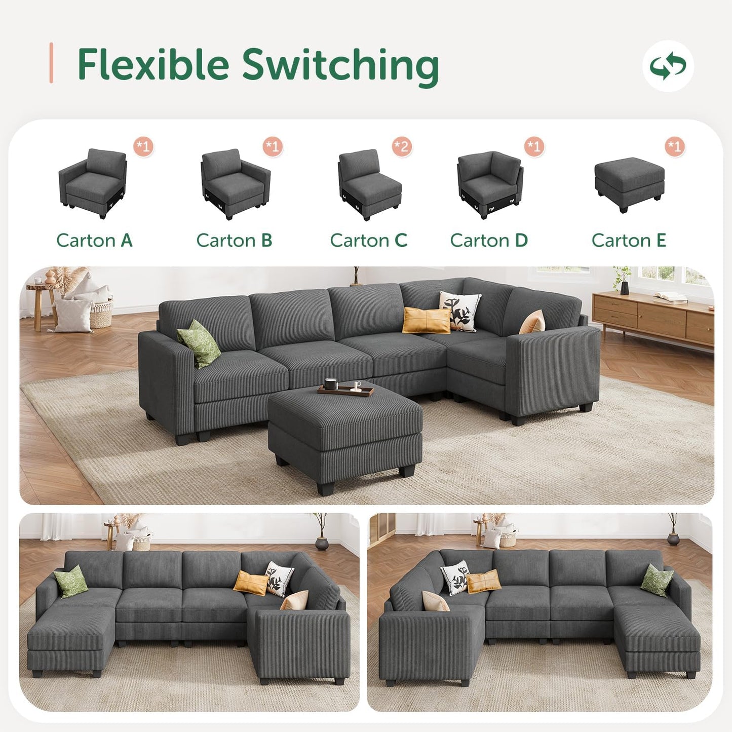 HONBAY U-Shaped Corduroy Sectional Couch with 6 Seaters Modular Sectional Sofa with Storage Sectional Couches for Living Room, Dark Gray