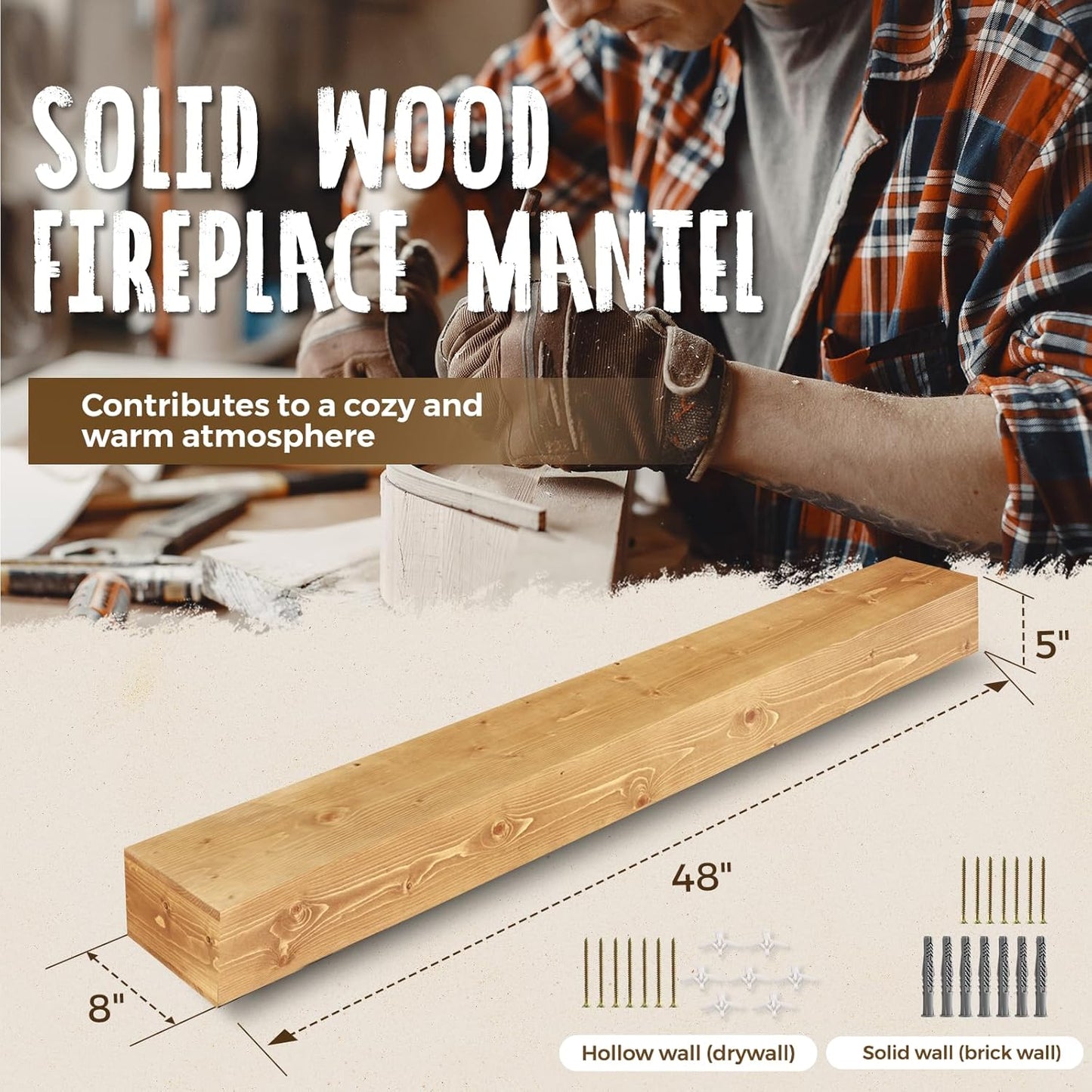 48x8x5 Fireplace Mantel - Handcrafted Rustic Solid Wood Wall Mounted Floating Shelf with Invisible Heavy Duty Wood Bracket (Natural)