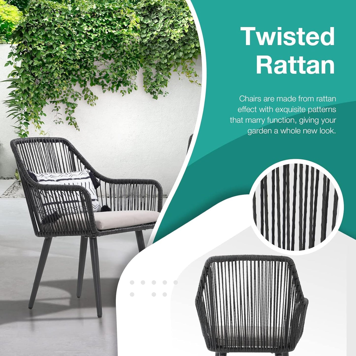 Patiorama Outdoor Dining Chairs, Patio Dining Chair Set of 2, All-Weather Woven Rope Rattan Chairs, Outdoor Dining Wicker Chairs with Armrests for Indoor Balcony Pool Backyard(Black)