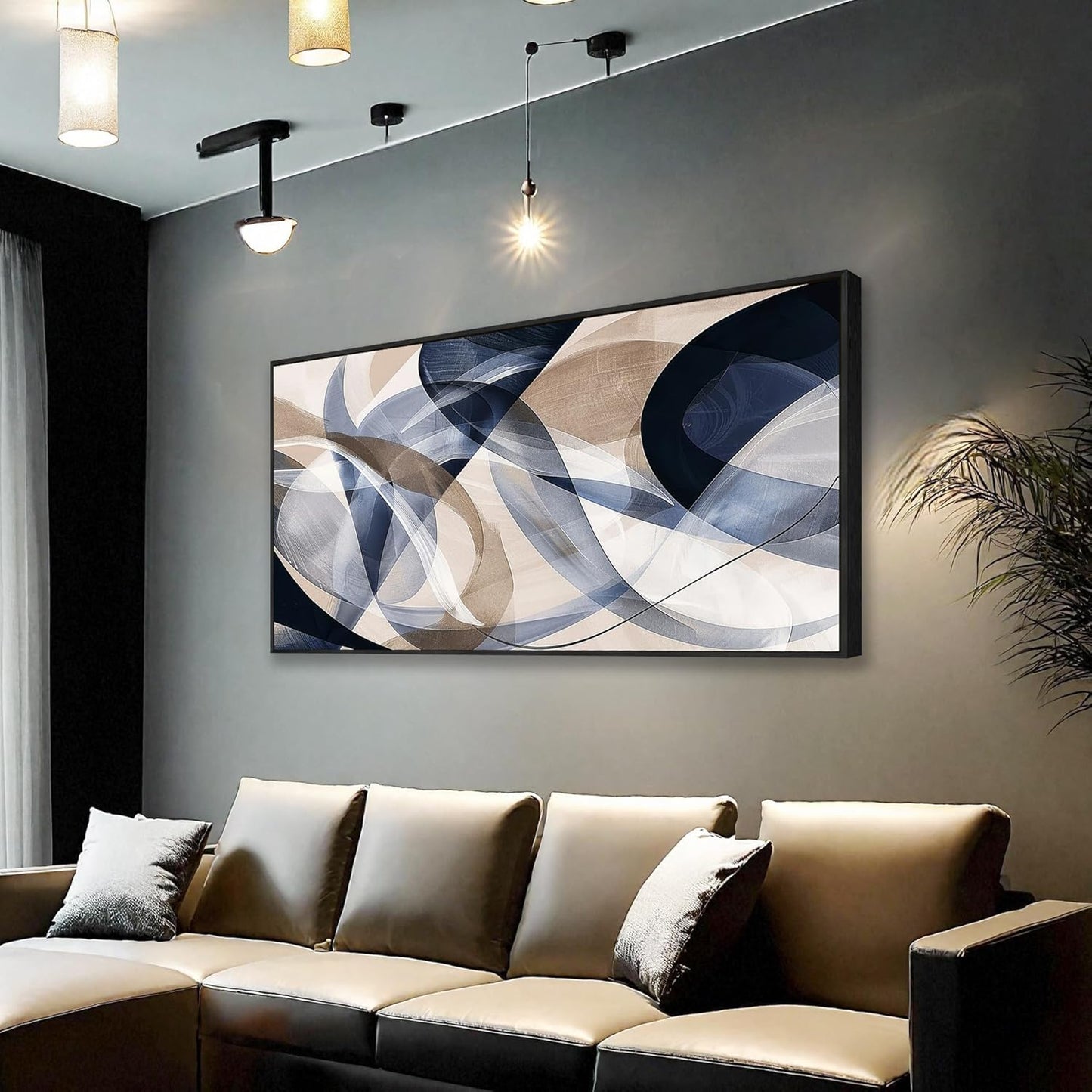 Modern Geometric Abstract Canvas Wall Art 40 x 20 inches Navy Blue and Beige Tones Canvas Painting Framed Home Artwork Living Room Decor for Bedroom Office Wall Decor