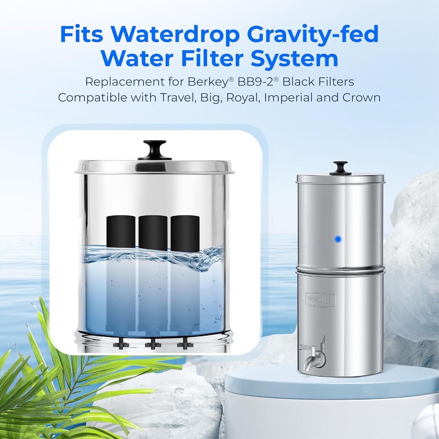 Waterdrop NSF/ANSI 42&372 Certified Water Filter, for Berkey® BB9-2® Black Filters, Berkey® Gravity Water Filter System and Waterdrop King Tank Series Travel, (Pack of 3)