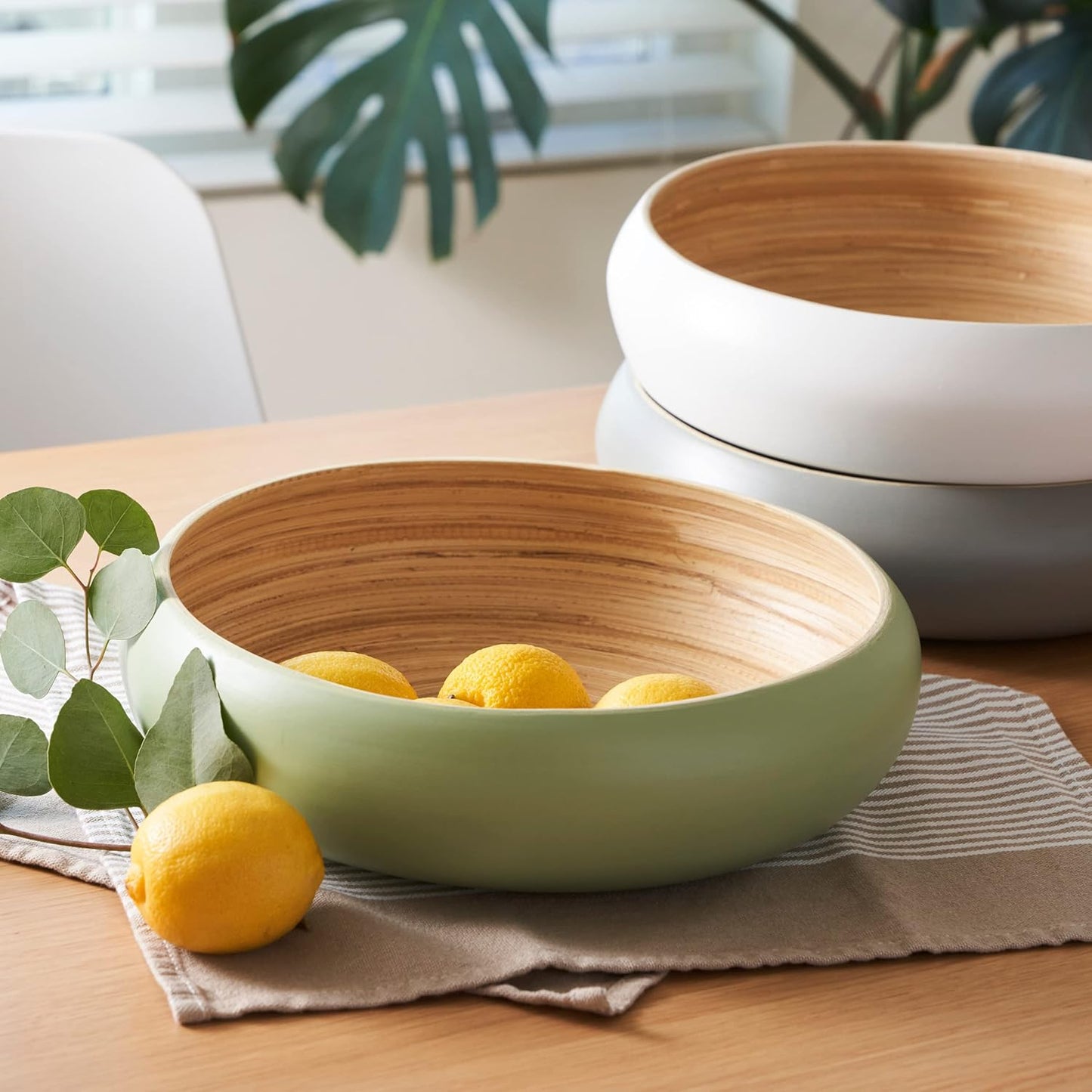 Fruit Bowl For Kitchen Counter, Decorative Bowl, Large Serving Bowl Or Fruit Basket For Kitchen Spun Bamboo (Sage)