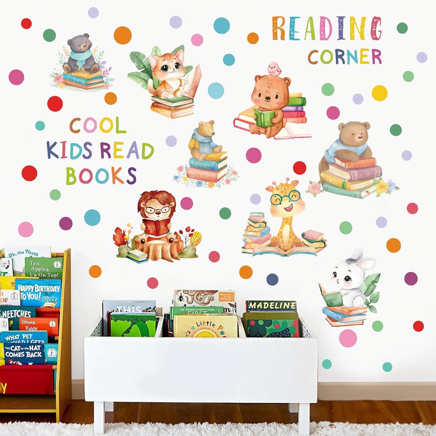 Reading Corner Decor,Reading Books Wall Decals,Learning Study Wall Stickers,Cartoon Animals Window Decals,Giraffe Bear Rabbit Read Books Stickers for Toddler Nursery Bedroom Classroom School