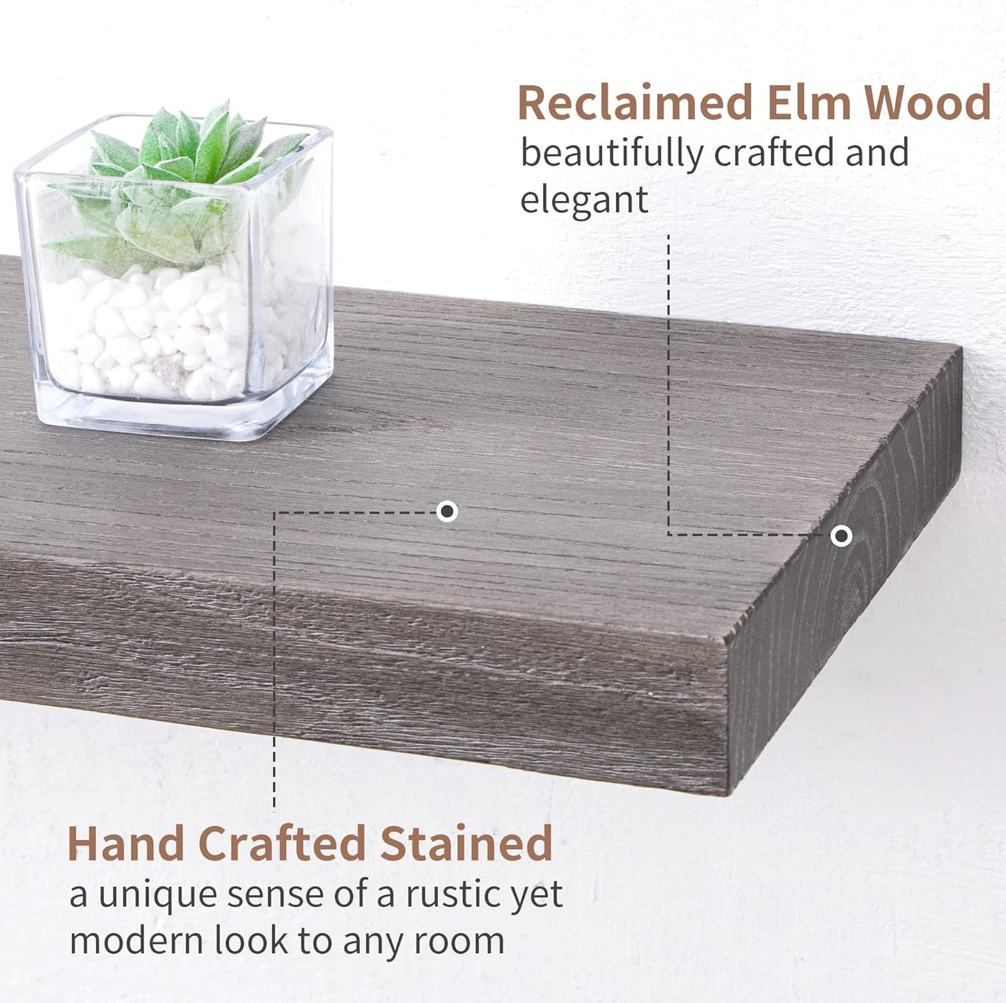 Axeman Floating Shelves for Wall, 24''W x 8'' D Rustic Solid Elm Wood Shelves for Storage, Wall Mounted Display Shelving with Invisible Heavy-Duty Metal Bracket (Grey, 2PCs)