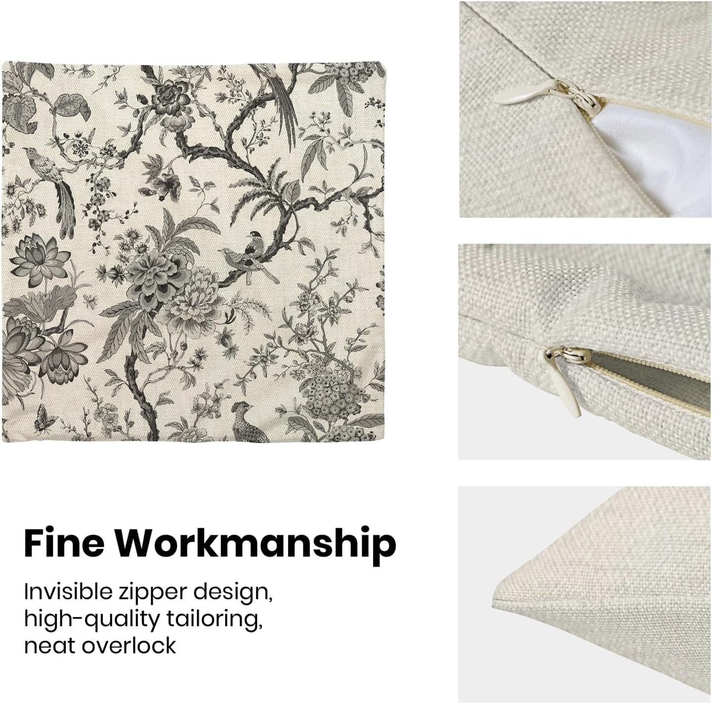 CXMEIFLY Spring Floral Birds Pillow Covers 20 x 20 Inch Set of 2 for Chinoiserie Flowers Decor Throw Pillows Black and White Plant Outdoor Decorative Cushion Cases for Couch Bed Decorations