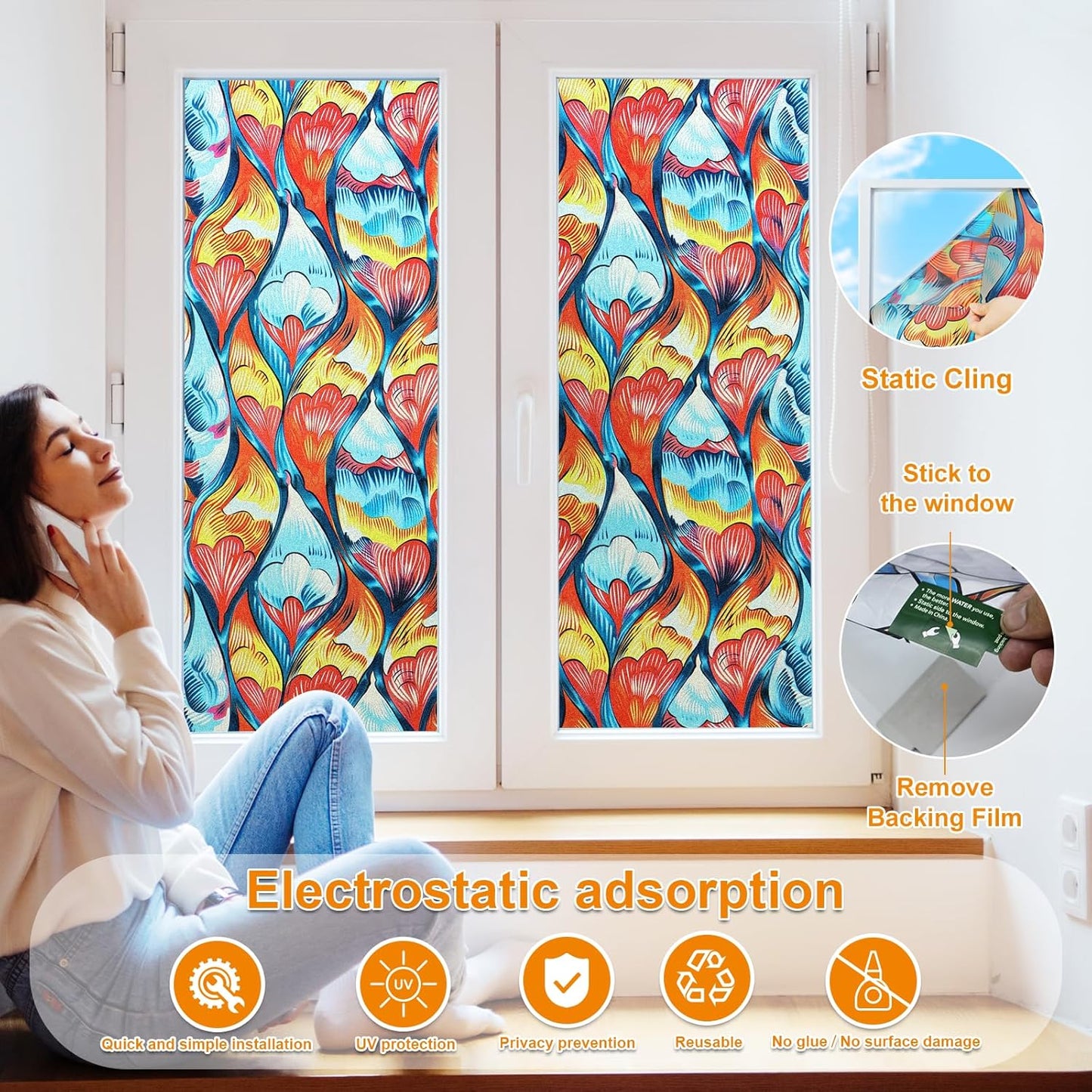 Window Privacy Film Stained Glass Decorative Static Clings Frosted Window Tint for Home Room Decor Bathroom Door Car Stickers with Glittering Effect, Removable(Tulip)