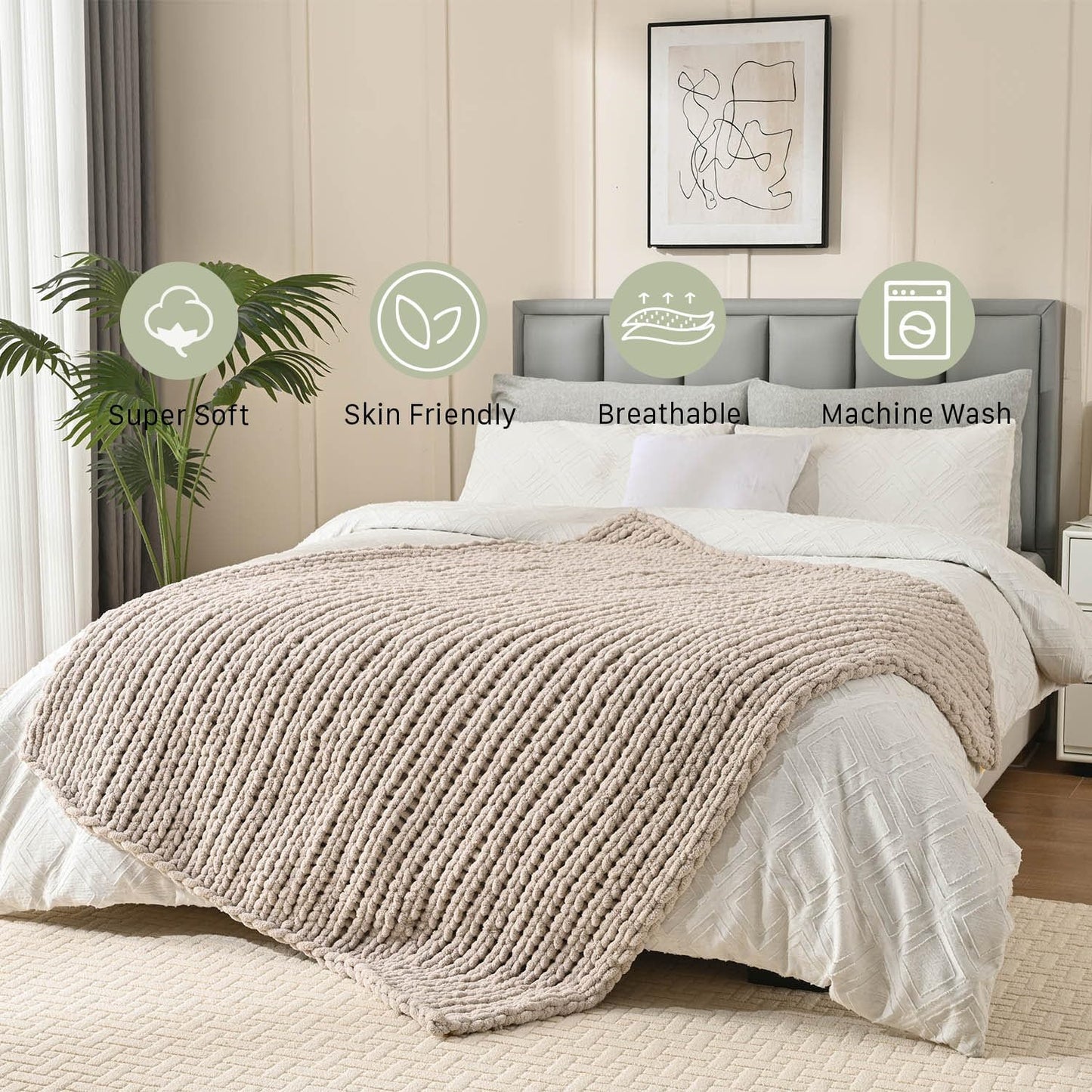 Esterra Chunky Knit Blanket Throw 60"x80", 100% Hand Knitted Chenille Throw Blanket, Cozy Soft Thick Cable Knit Throw Large Rope Knot Crochet Throw Blanket for Sofa Couch Bed, Linen Beige