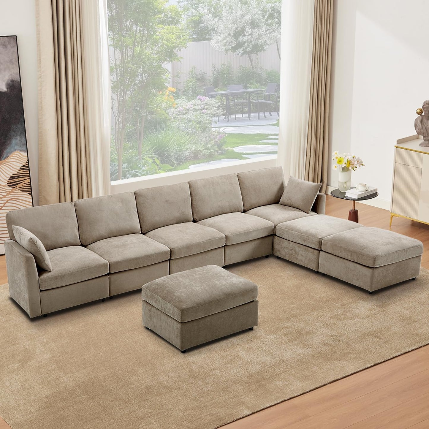 Tbfit L Shaped Couch 8 Seat, Sectional Sofa for Living Room,Chenille Cloud Couch with Ottoman, Khaki