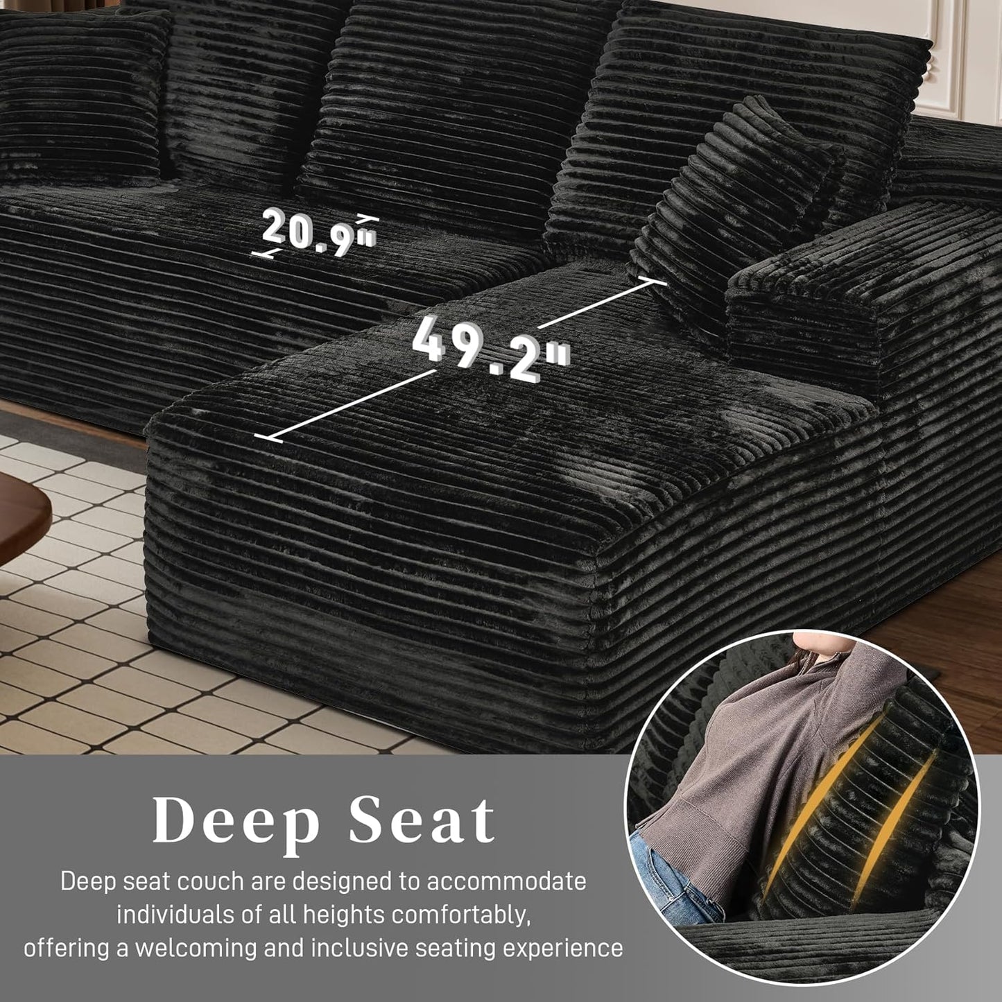 Modular Sectional Sofa Cloud Sectional Couch, 107" Comfy Fluffy L Shaped Black Couches for Living Room, Deep Seat Memory Foam Plush Corduroy Boneless Couch Sectionals with Right Facing Chaise Sofa