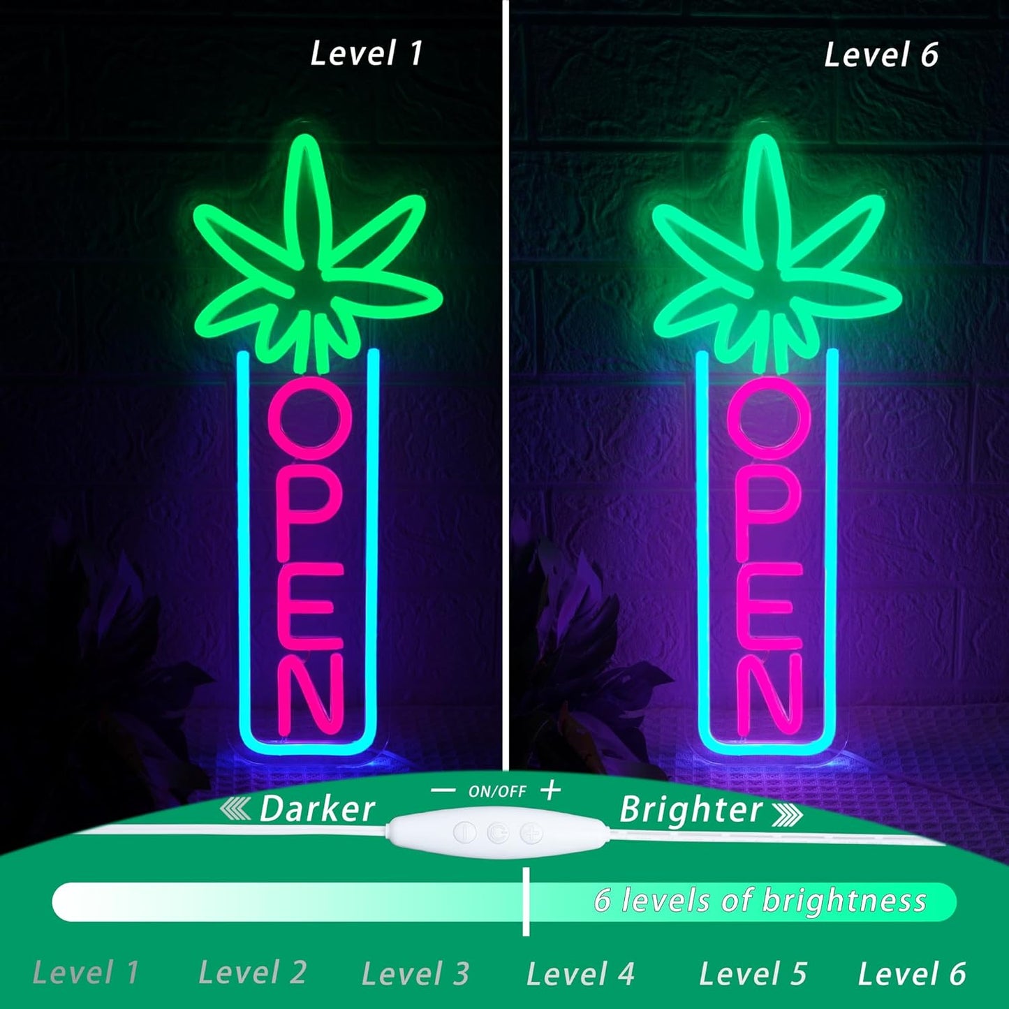 Green Leaf Neon Sign Dimmable Open Neon Lights for Wall Decor LED Neon Sign by USB Powered LED Neon Open Sign For Dispensary Beer Bar Man Cave Coffee Store Hotel Wall Party Decorations 16.8''x7''