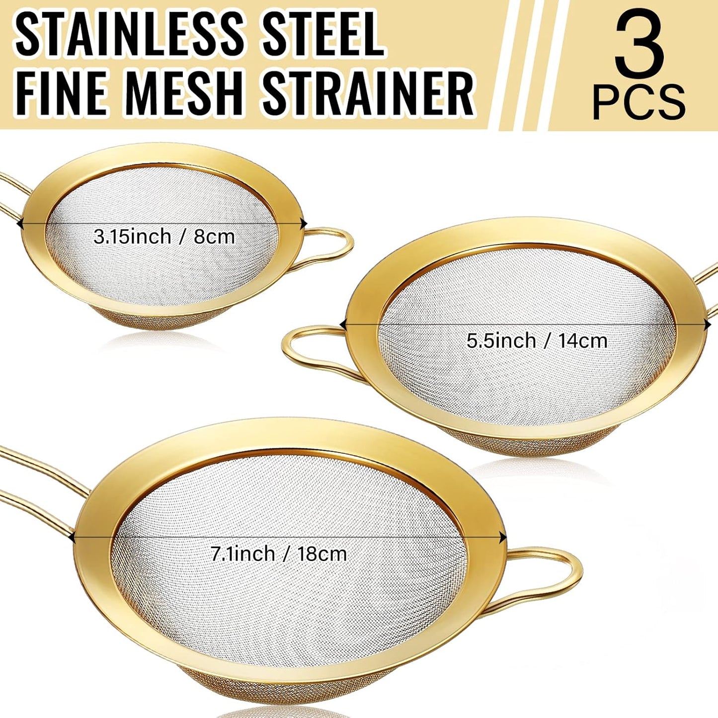 Norme 5 Quart Stainless Steel Gold Colander and 3 Pcs Gold Fine Mesh Strainer, Stainless Steel Pasta Rice Food Metal Strainer with Handles, Easy Clean and Dishwasher Safe