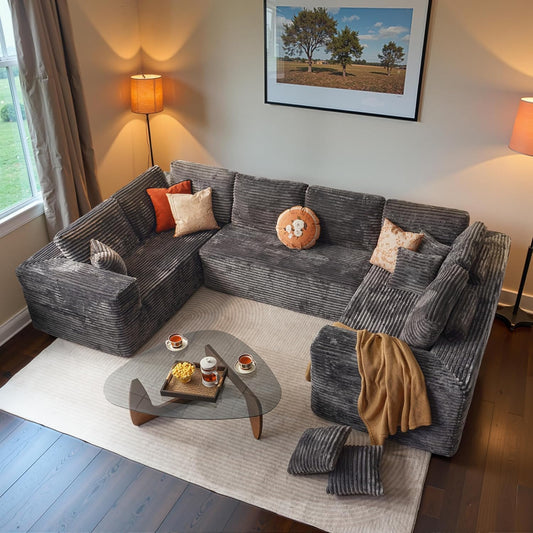 ovios Sectional Cloud Couch for Living Room, Modular Floor Sofa with Plush Corduroy, No Assembly Required, Big Comfy Couches Set with Fluffy Memory Foam, Stupendous U Shaped Sofas with Chaise, Black