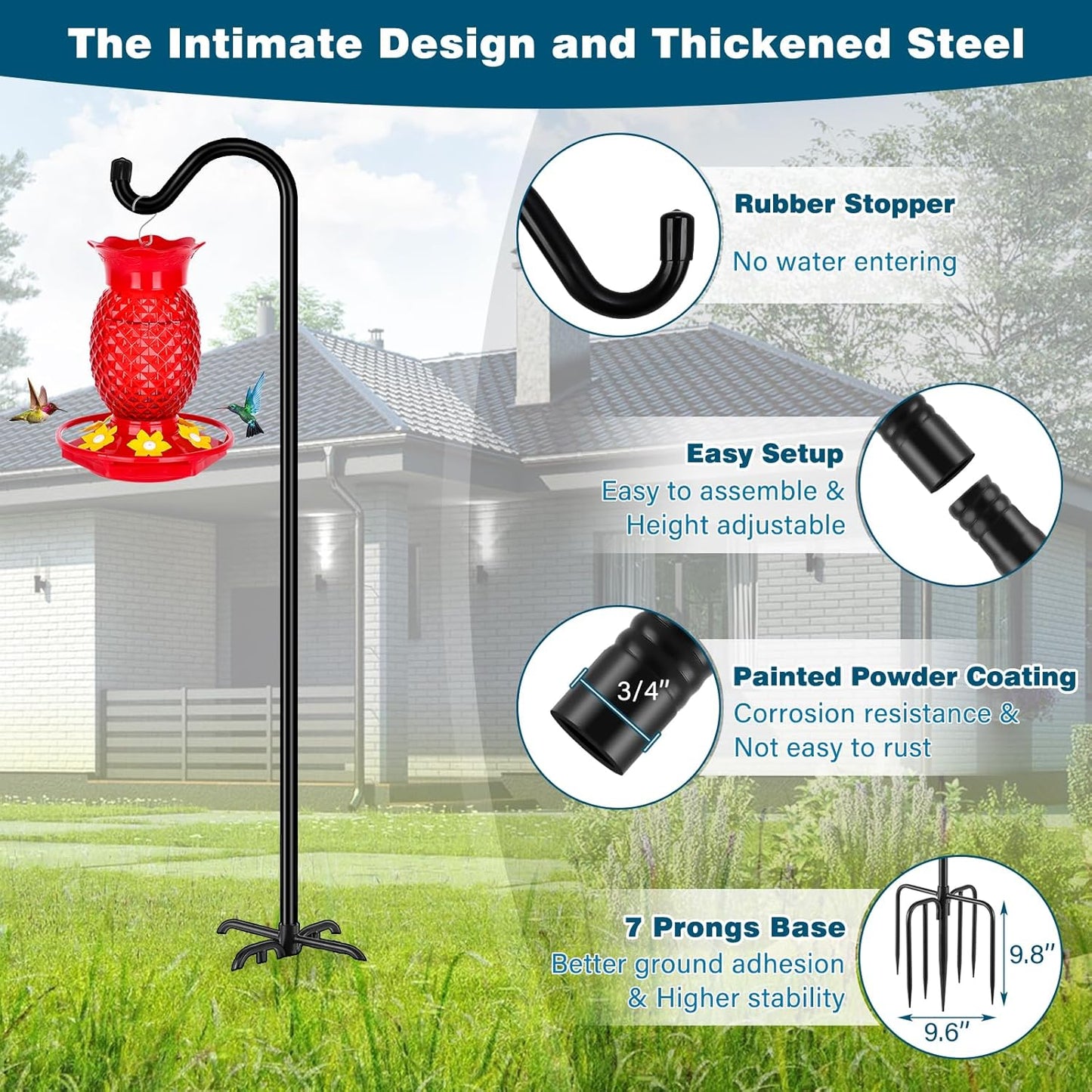 Gtongoko 2 Pack 108 Inch Tall Shepherds Hooks for Outdoor Bird Feeders, Heavy Duty Bird Feeder Pole Stand, Adjustable Hanger for Plant, Lights, Lanterns Wedding Decor with 7 Prongs Base