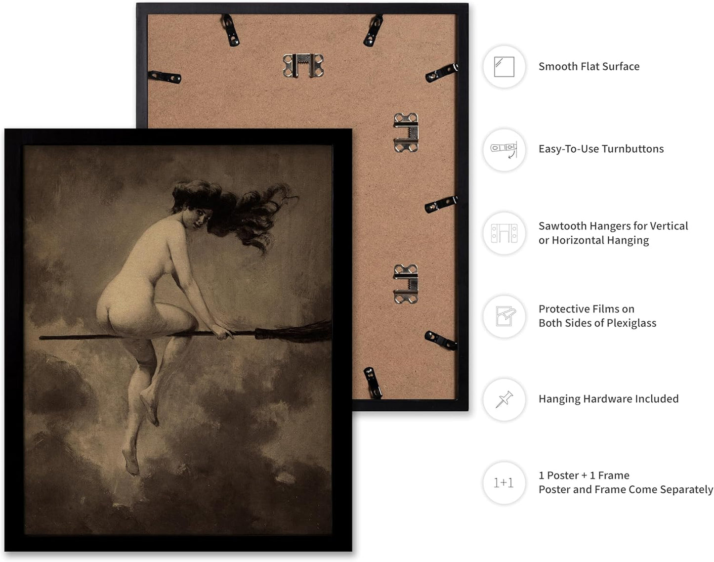 Poster Master Vintage Albert Joseph Penot Poster - Retro Halloween Print - Gift for Artist, Friend - Departure for the Sabbath, Naked Witch on Broom - Wall Decor for Bedroom, 8x10 Black Framed