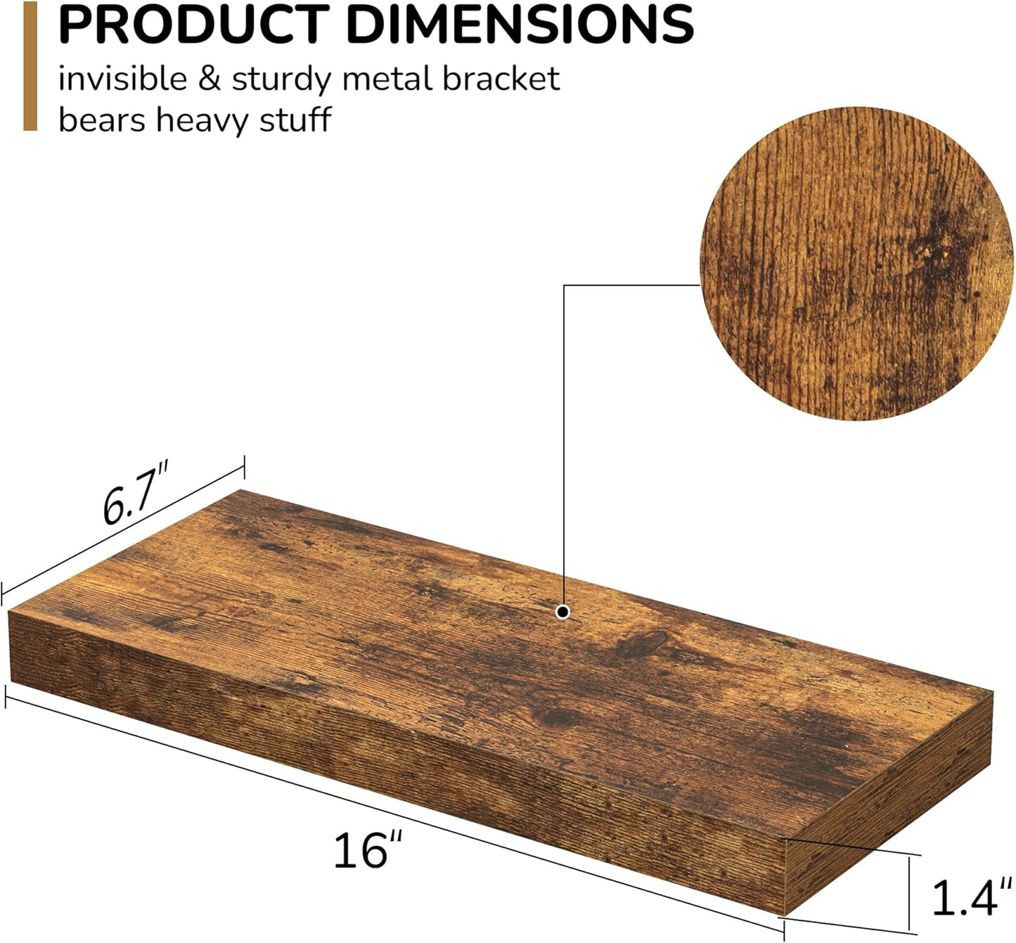 Fun Memories Floating Shelves - 16 Inch Rustic Brown Wall Shelf - Wall Mounted Shelves for Wall Decor Storage - Wooden Shelves with Invisible Brackets for Living Room, Bedroom, Kitchen, 2 Pack