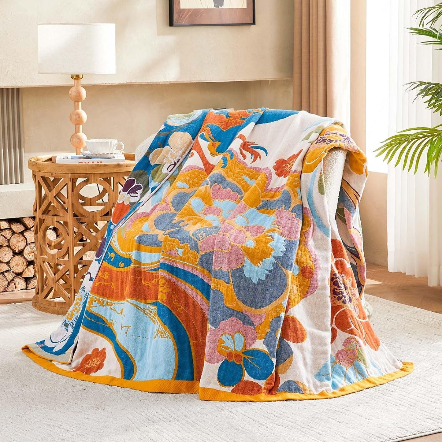 Boho Throw Blanket, Lightweight Blankets for Summer, 100% Cotton Bohemian Decorative Throw Blanket, 90"x98" Reversible Muslin Breathable Woven Farmhouse Blankets Quilt,