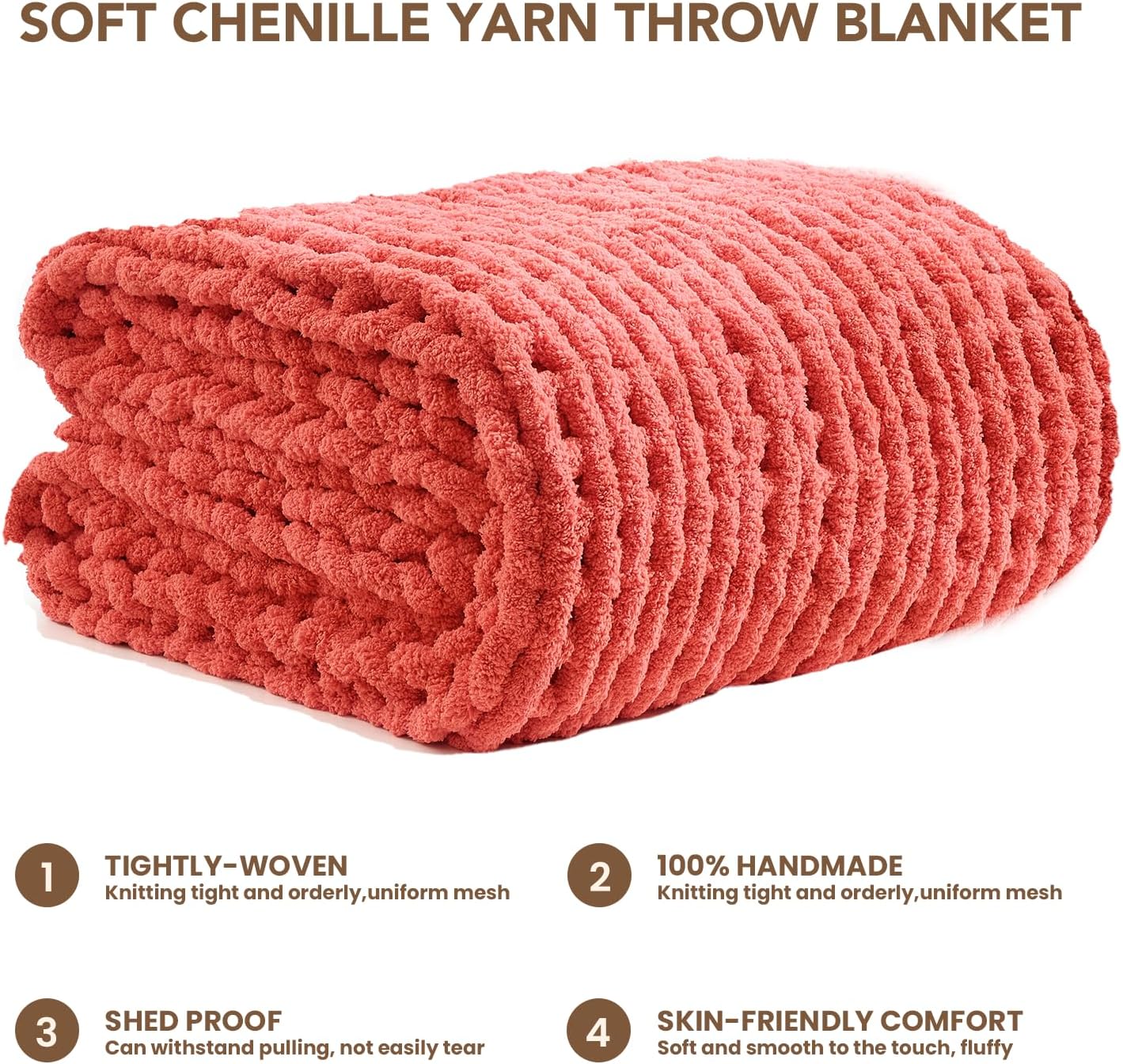 L'AGRATY Chunky Knit Blanket Throw: 50''x60'' Chenille Chunky Knitted Throw Blankets for Bed Couch - Handmade Thick Cable Knit Blanket - Large Crochet Rope Blankets for Home Decor(Coral Pink)