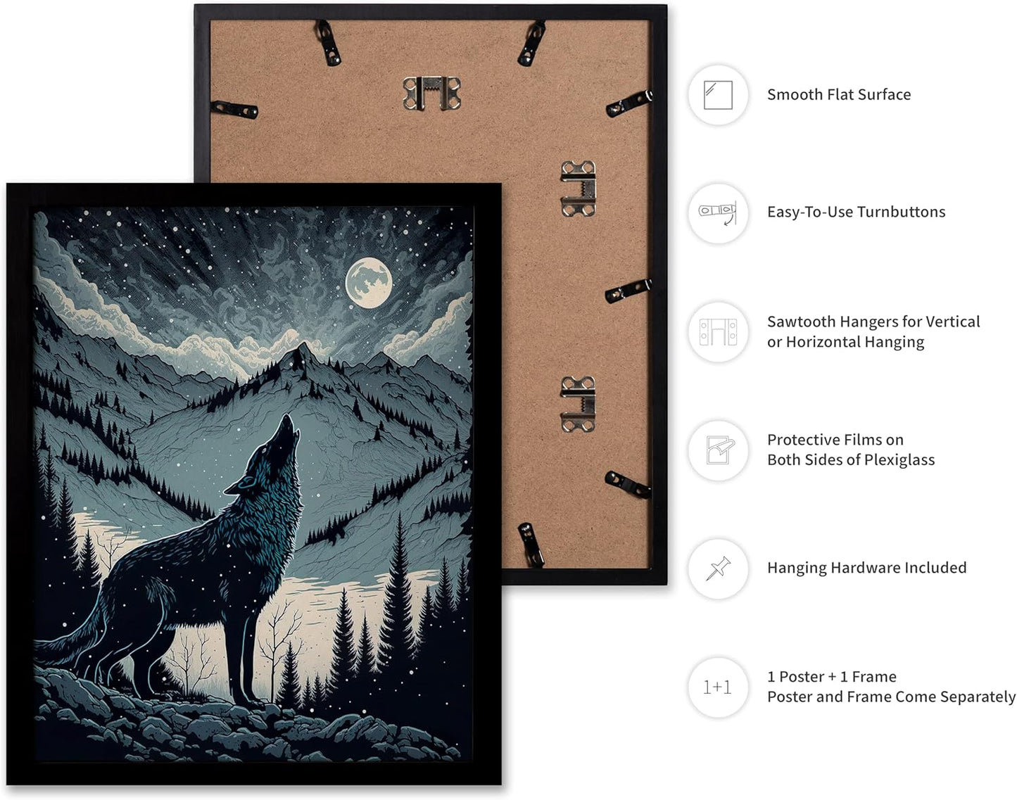 Poster Master Vintage Illustration Poster - Retro Animal Print - Gift for Artist, Friend - Wolf Howling at the Moon, Mountain, Snow, Landscape - Wall Decor for Home, Office, 11x14 Black Framed