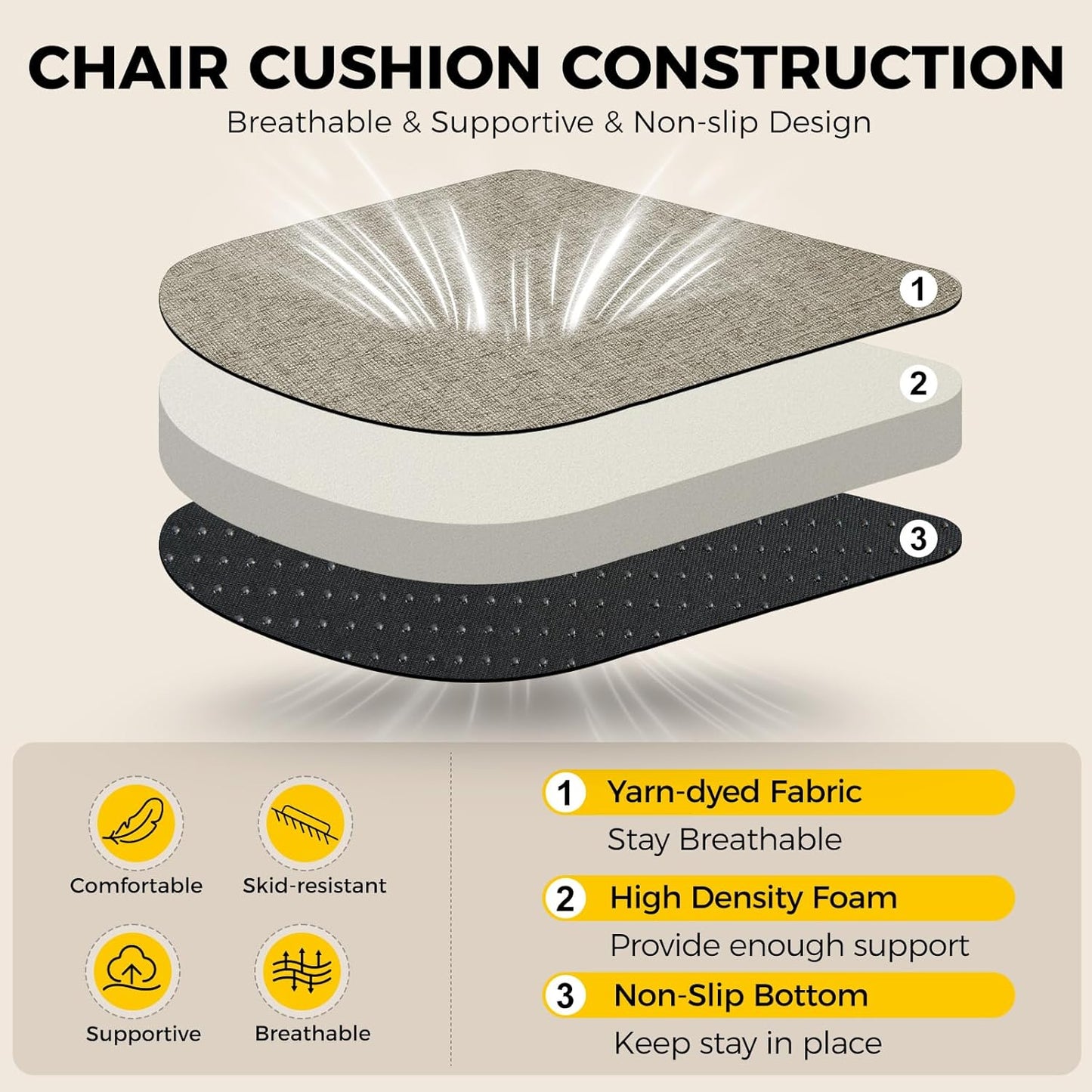 downluxe Indoor Chair Cushions for Dining Chairs, Soft and Comfortable Textured Foam Kitchen Chair Pads with Ties and Non-Slip Backing, 16" x 16" x 2", Khaki, 2 Pack