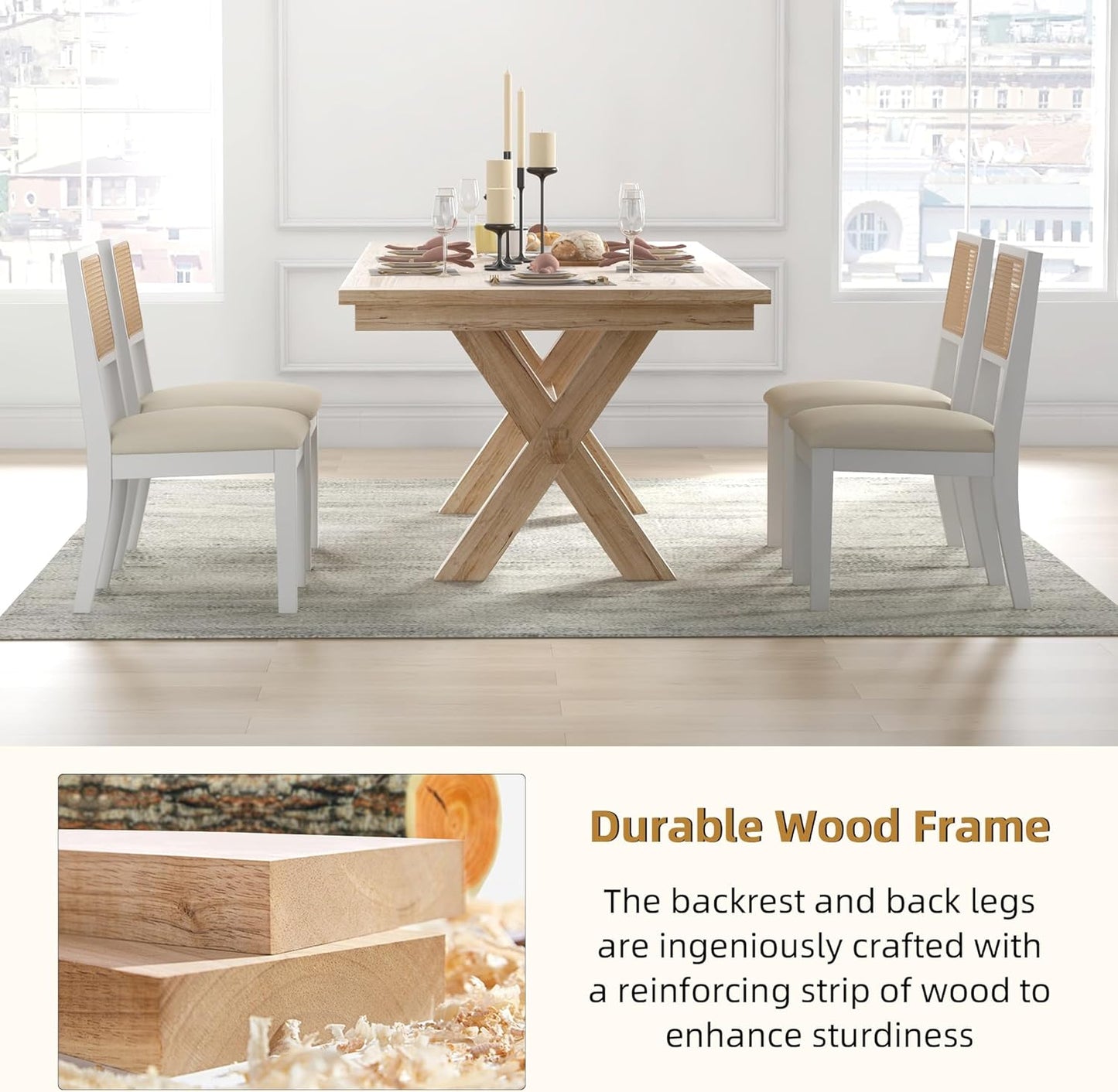 Westice Rattan Dining Chairs Set of 2, Farmhouse Natural Dining Room Chairs with Upholstered Cushion, Wood Armless Chairs for Kitchen/Restaurant, White