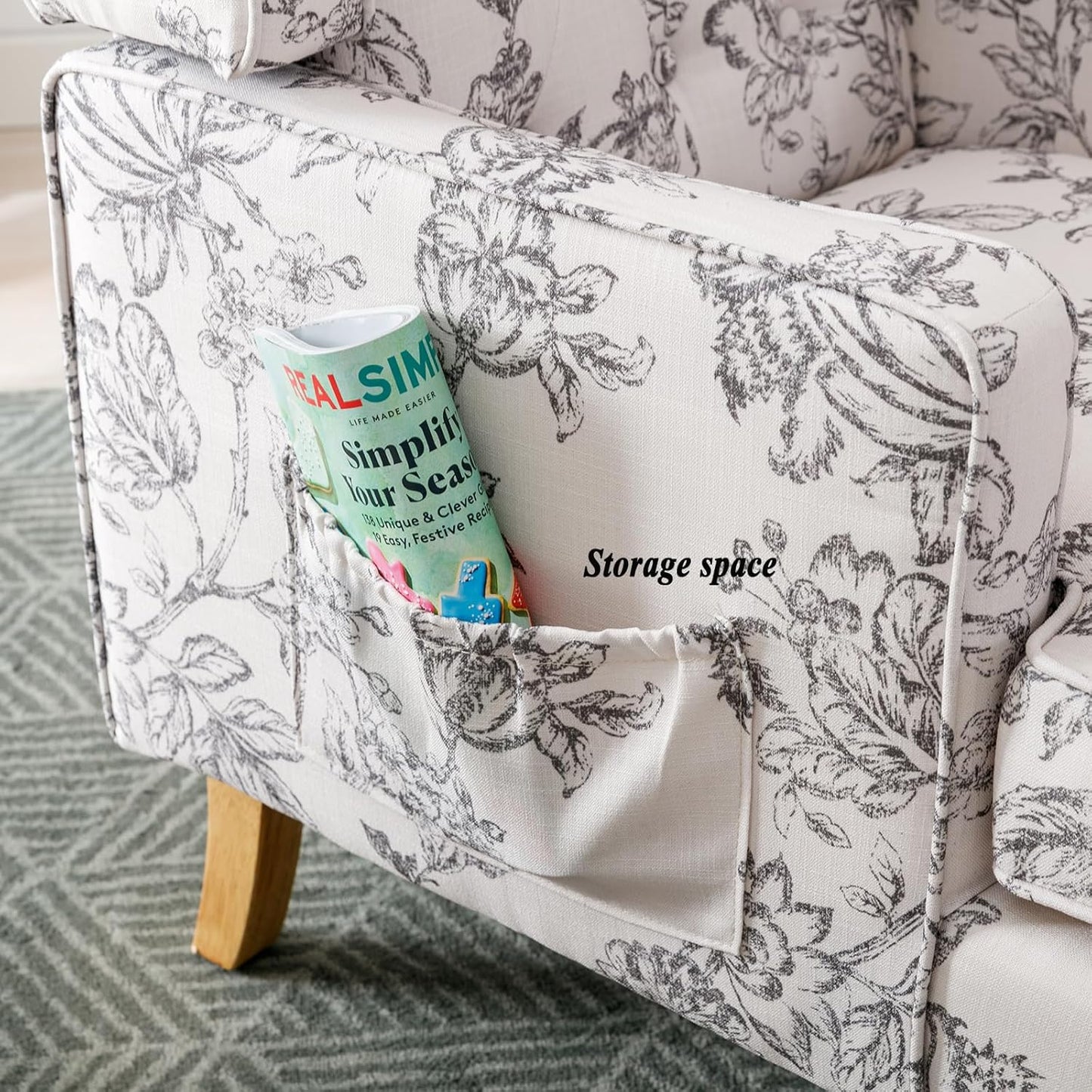 DUOMAY Tufted Accent Chair, Modern Linen Upholstered Wingback Side Arm Chair for Living Room Bedroom with Wood Legs, Comfy Reading Guest Chair for Office, Beige Flower Pattern