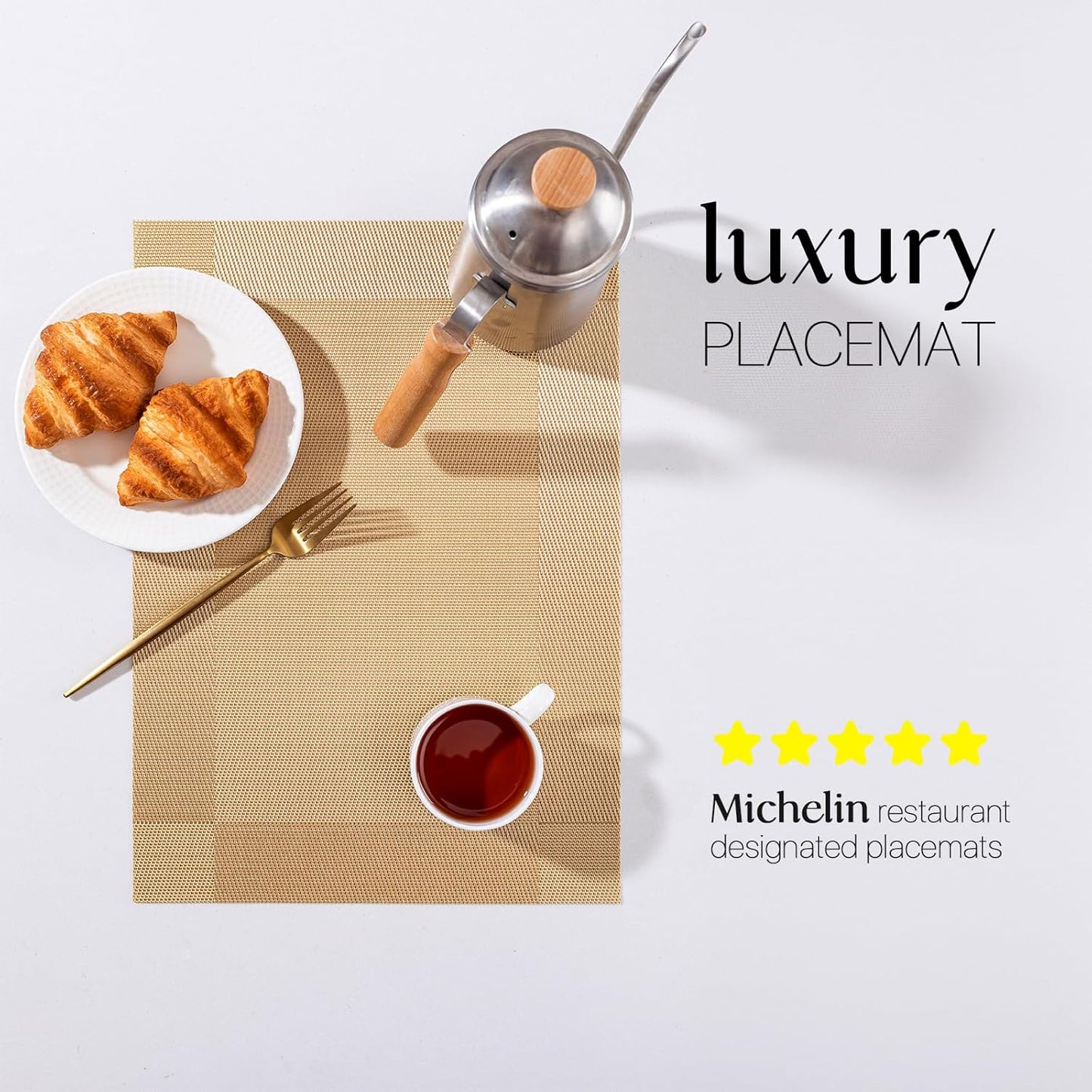 LEXMORE Placemats Set of 4 Vinyl/Plastic Woven Place Mats for Kitchen Table Indoor/Outdoor Washable Placemat Wipeable Dining Table Mats(Gold Cube)