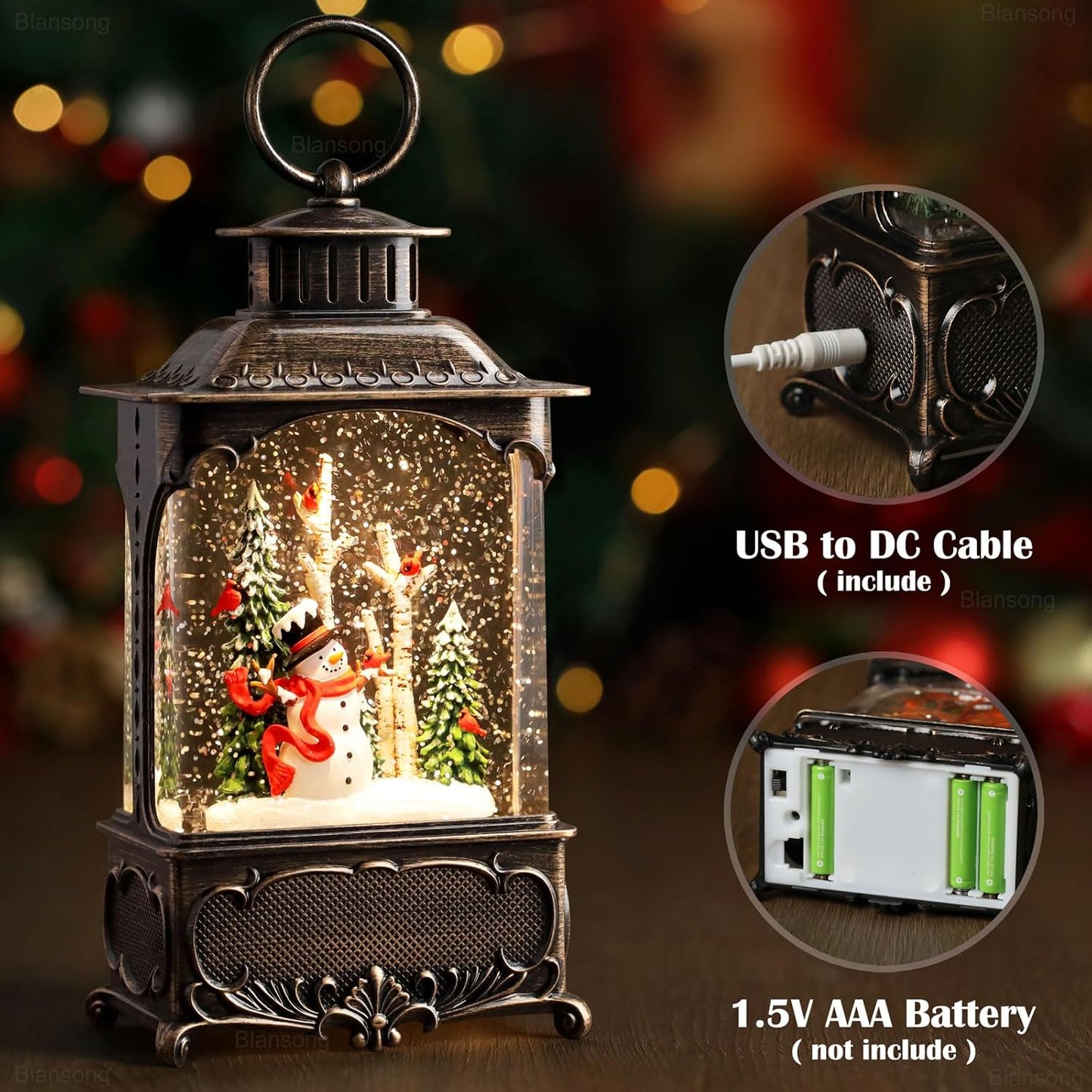 Snowman Snow Globe Lantern Christmas Decorations Gifts Auto Snowfall Glitter Music Collection Snowman Cardinal Birch Forest with 6H Timer USB/Battery Powered 10.2 inch