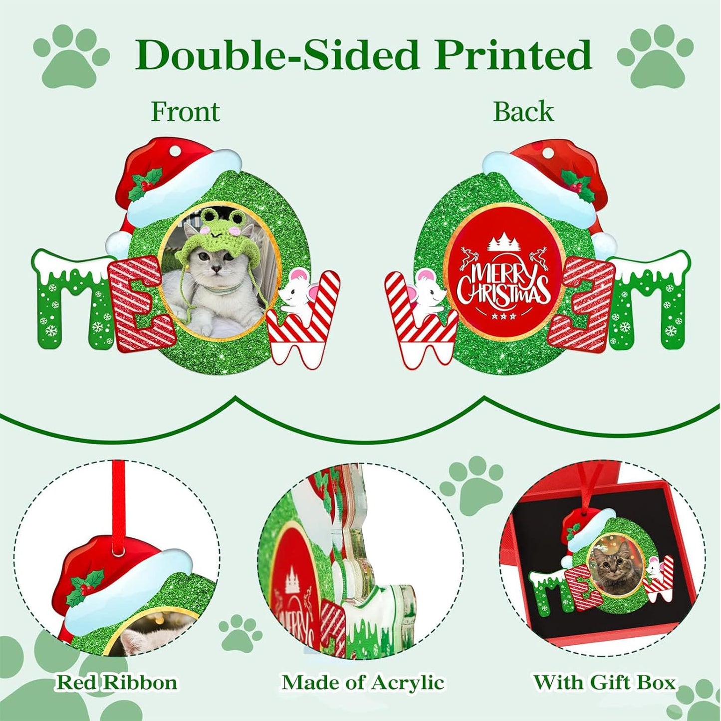 Whatsign Cat Picture Frame Ornaments - Christmas Hanging Keepsake Decoration for Christmas Tree Pet Personalized Ornaments for Cat Kitty Pet Lovers Gifts