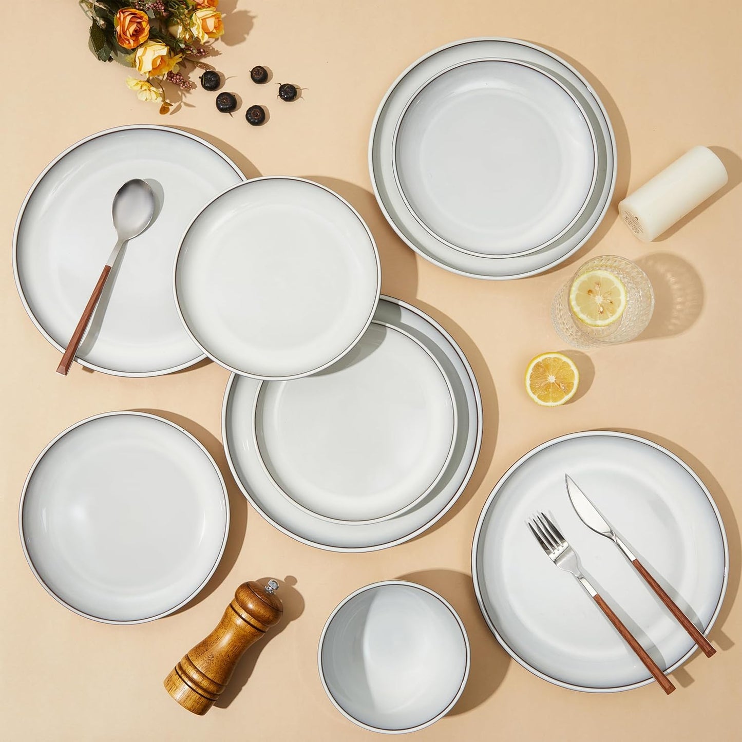 24 Piece Stoneware Dinnerware Set for 8, Moonstone White Plates and Bowls Set, Reactive Glaze Ceramic Dish Set, Durable & Chip Resistant, Modern Rustic Look, Microwave & Dishwasher Safe