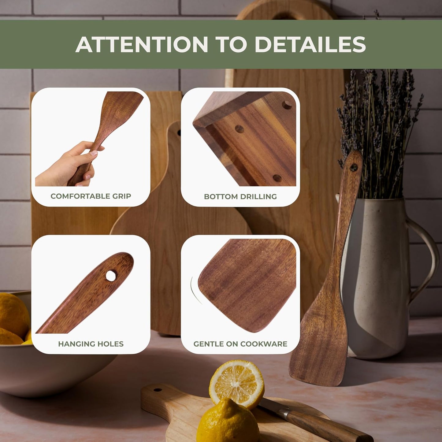 Vasilek Wooden Cooking Utensils Set – 12-Piece Acacia Wood Kitchen Utensil Set with Square Holder & Spoon Rest, Non Toxic Wooden Tools for Nonstick Cookware, Spatula, Ladle, Serving Spoon