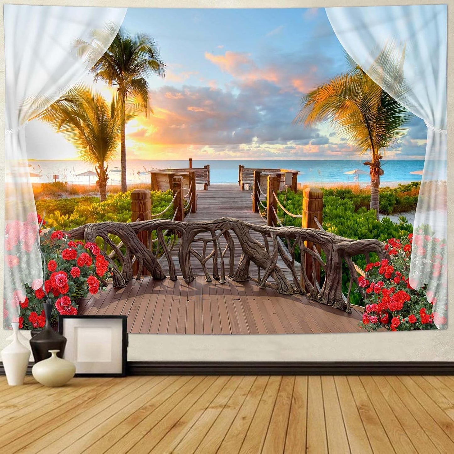 dueeia Beach Window Tapestry Wall Hanging Beachy Coastal Ocean Nature Tropical Landscape Scenic Tapestries for Bedroom Living Room Wall Decor (90.6"x70.9")