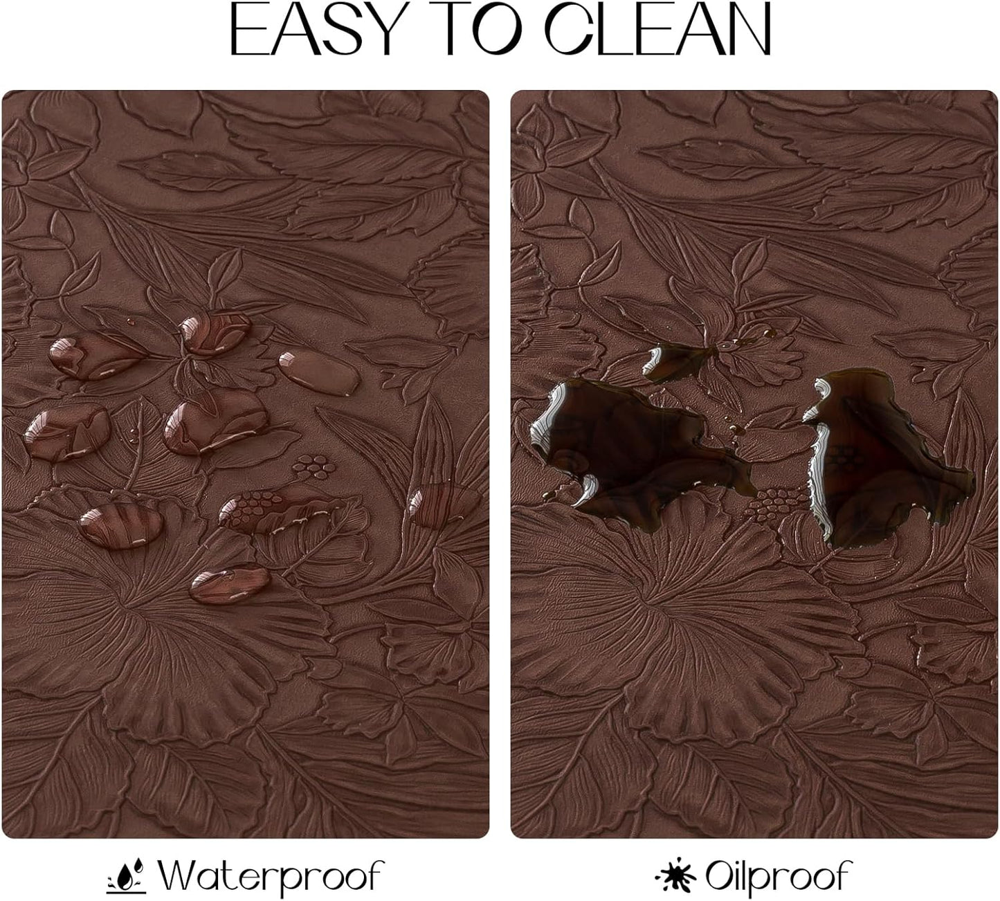 Romanstile Vinyl Placemats Set of 6-12 X 18 Inch - Heat Resistant Non-Slip Embossed Floral Place Mats 100% Waterproof Oilproof Wipeable Faux Leather Table Mats for Kitchen/Dining/Party, Brown