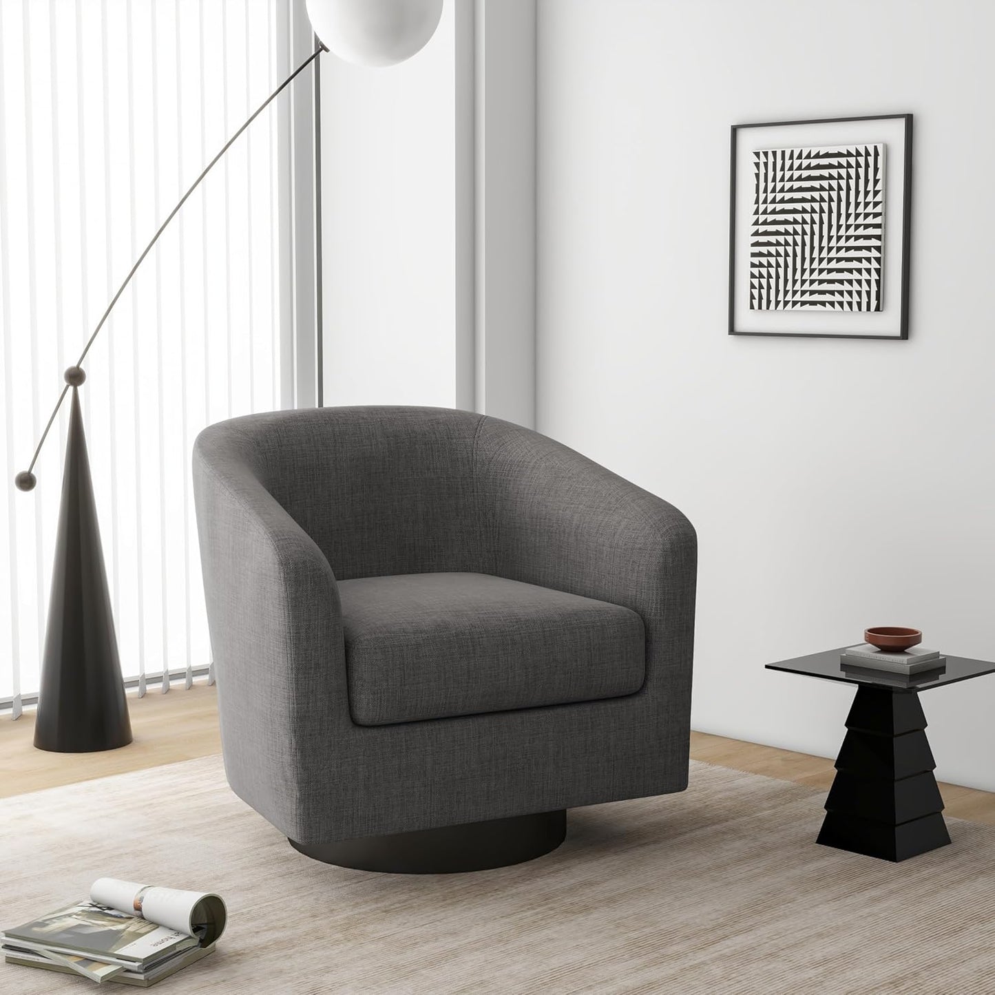 Swivel Barrel Accent Chair, Modern Round Linen Arm Chair for Living Room, Bedroom, Comfy Club Reading Chairs for Adults（Linen Fabric, Grey, Set of 1