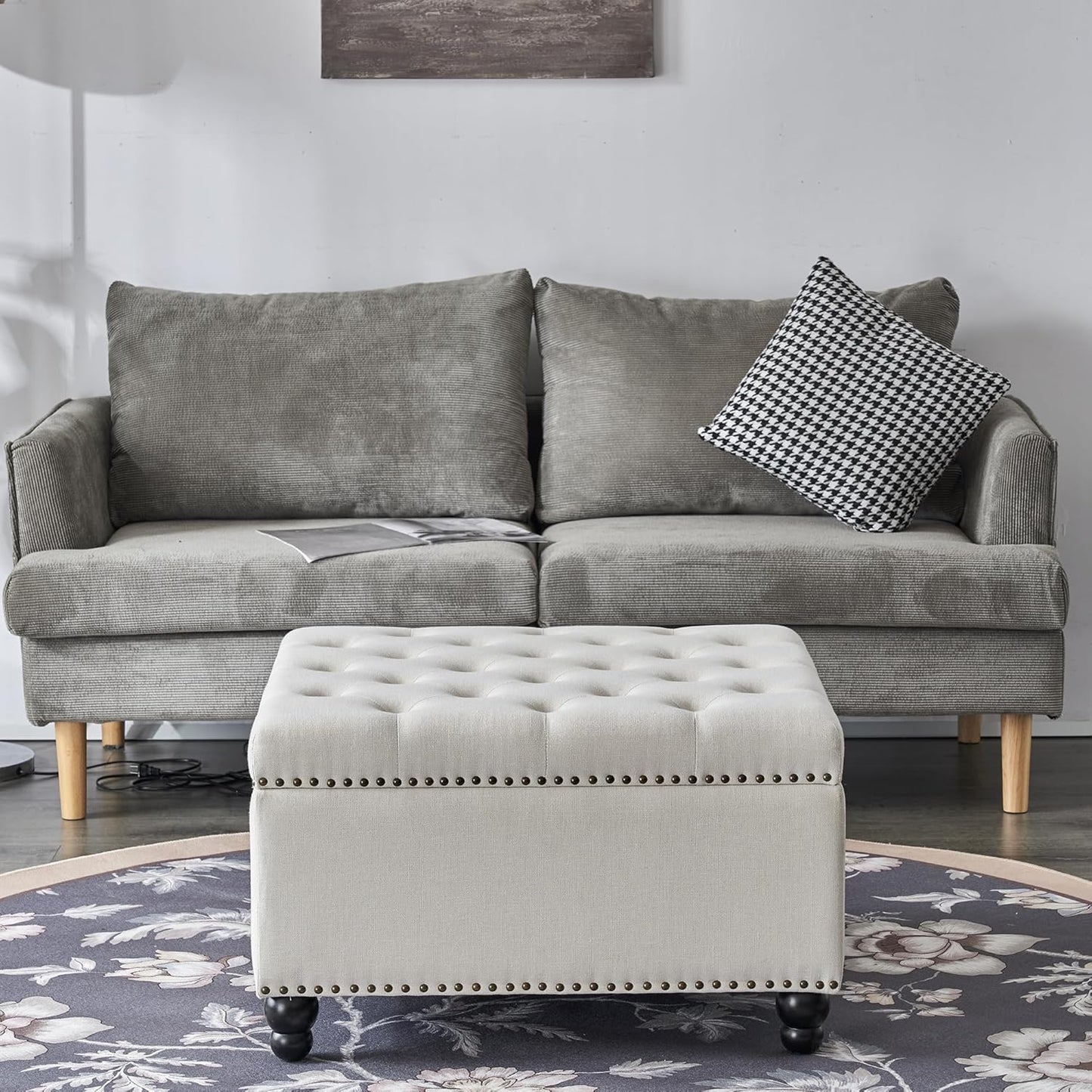 Ottoman with Storage, Large Storage Ottoman, 30 in Square Ottoman Coffee Table,Tufted Upholstered Coffee Tables for Living Room, Beige