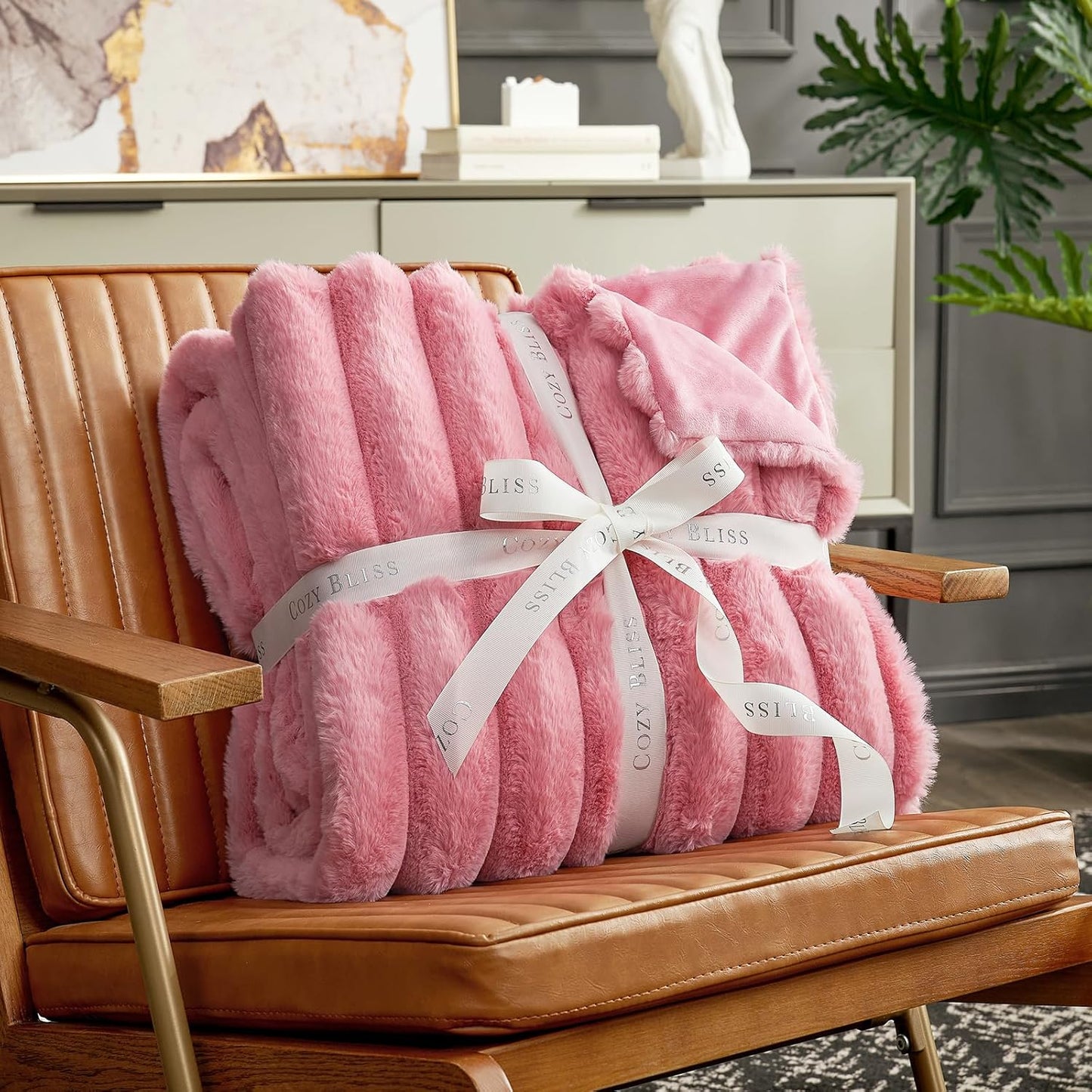Cozy Bliss Faux Fur Throw Blanket for Couch, Cozy Warm Plush Striped Blanket for Sofa Bedroom Living Room,50 * 60 Inches Hot Pink