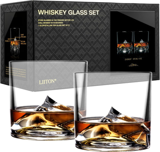 Mount Everest Heavy Crystal Whiskey Glasses Gift Set of 2, Thick Freezable Bourbon Glass 1lb Each, Premium Whiskey Gifts for Men, Frozen Crystal Chills Cocktails, 10 oz
