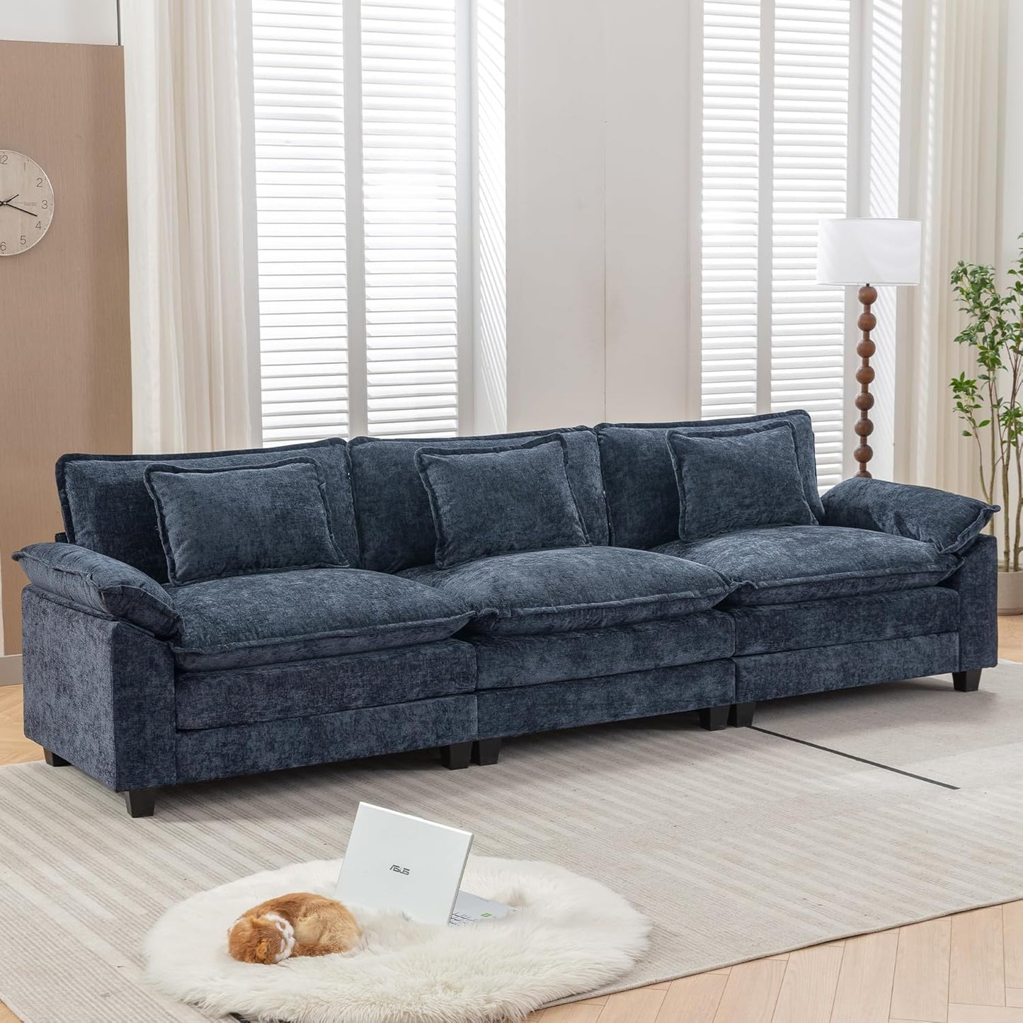 URRED Modular Sectional Sofa Comfy Cloud Couch, Modern Chenille Sofa Sleeper Deep Seat Couches with Ottoman/Pillows for Living Room (Blue, 117'')