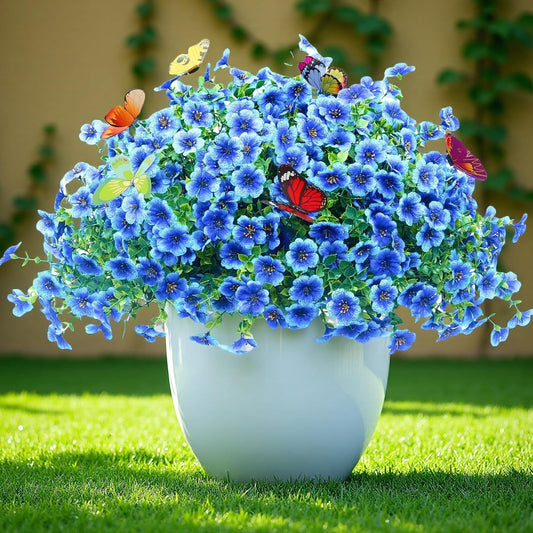 ‌20 Bundles Artificial Flowers for Outdoors‌ with 6 Faux Butterflies, UV Resistant ‌Fake Flowers‌ with Eucalyptus Leaves, ‌Artificial Plants Outdoor‌ for Patio Garden Porch Home Decor (Blue)